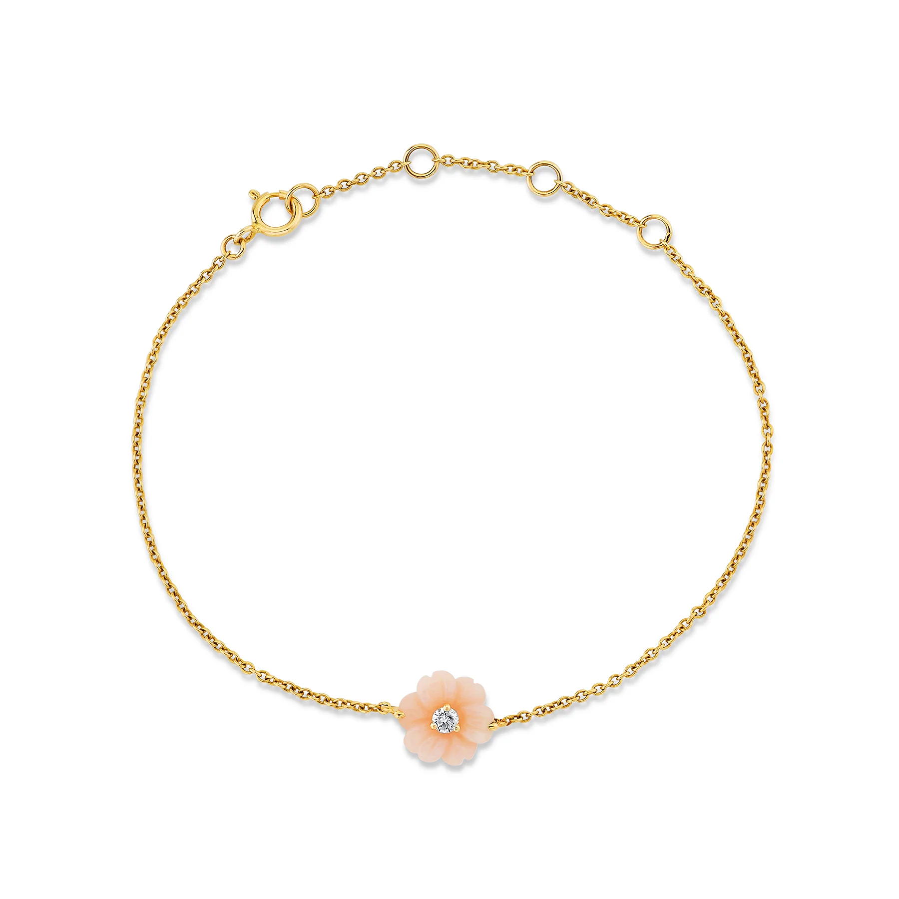 Hand Carved Flower Bracelet - White Diamond and Pink Opal / 14k Yellow Gold