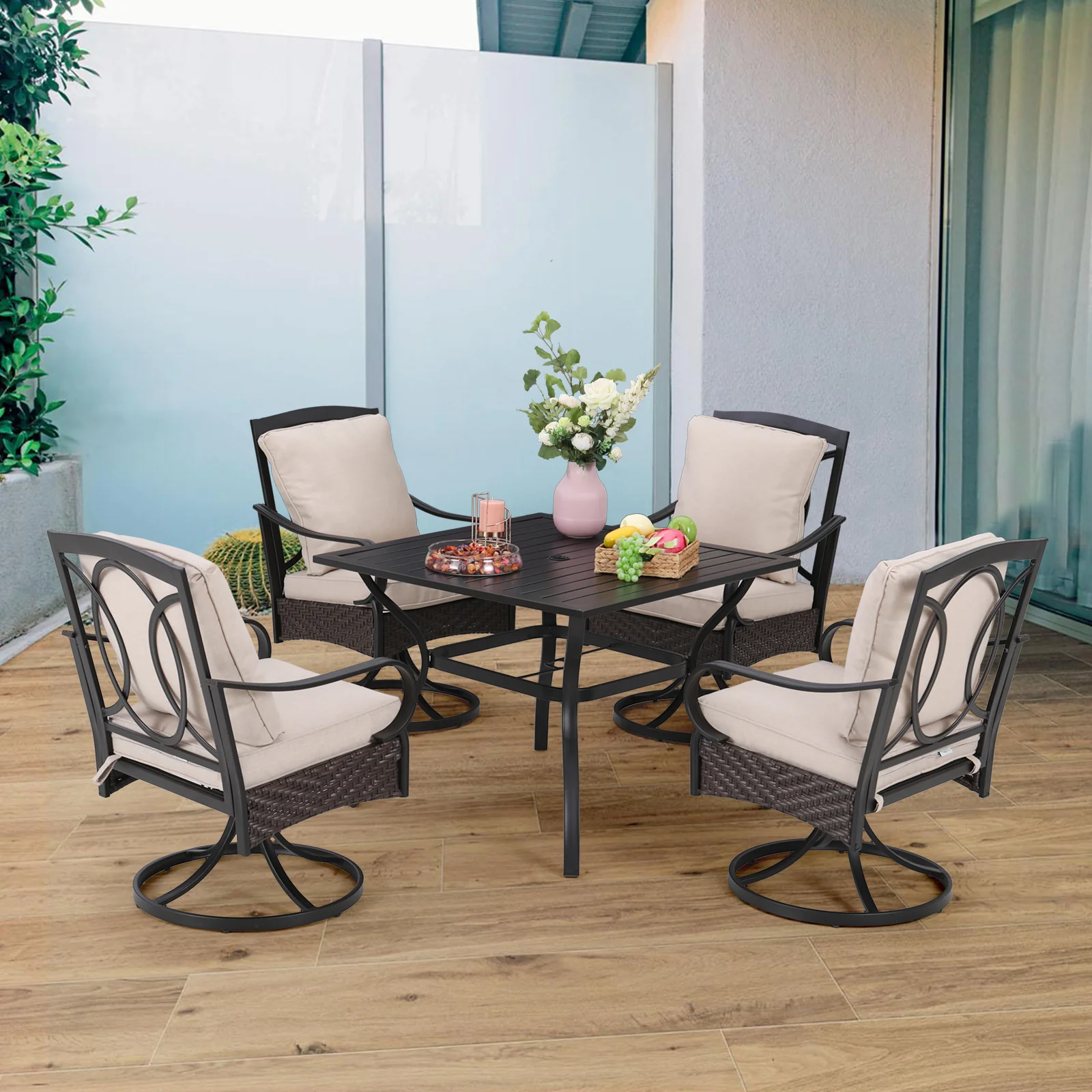 Sophia & William 5-Piece Steel Square Table & Thick Cushion Swivel Chairs Outdoor Patio Dining Set
