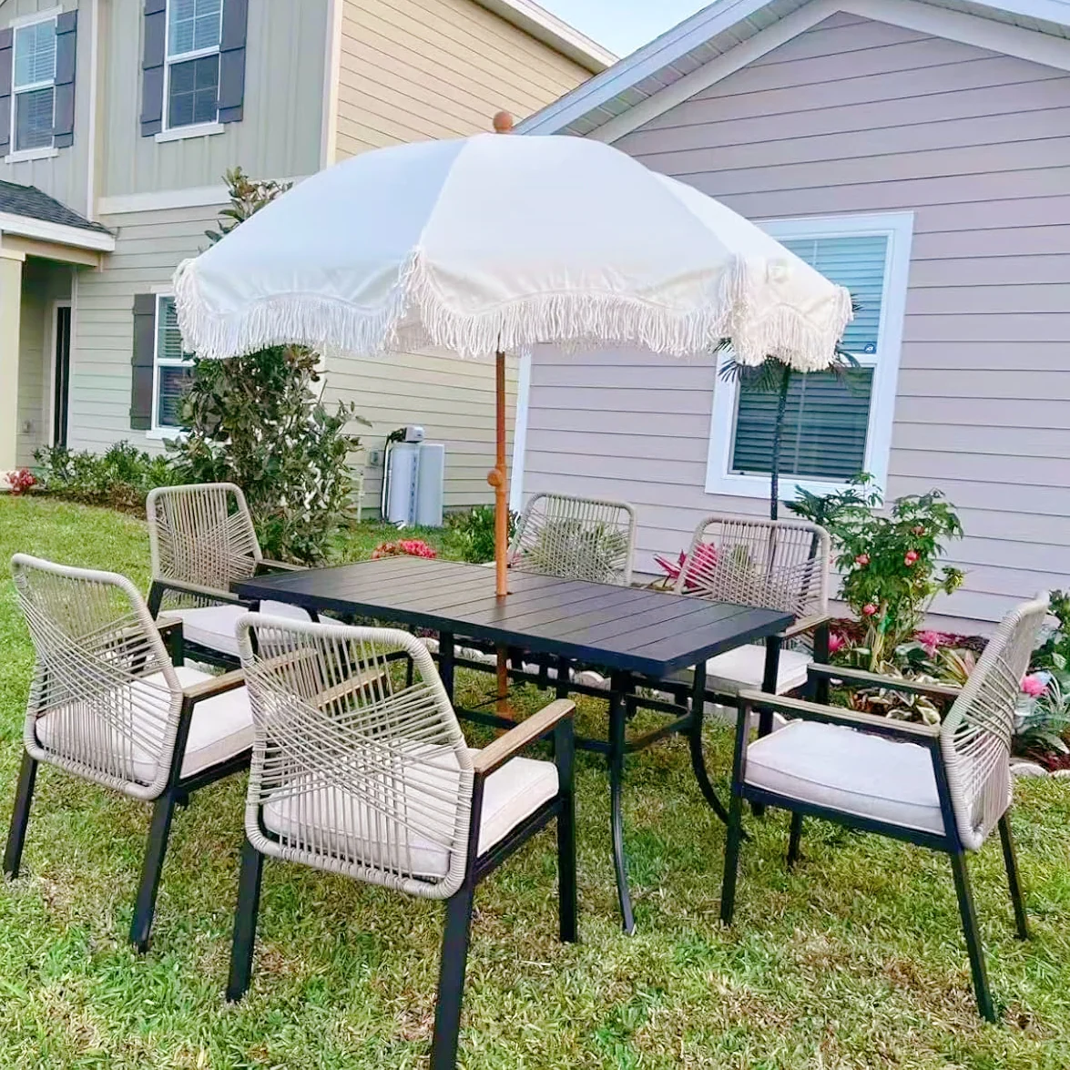 PHI VILLA 7-Piece Outdoor Patio Dining Set with Handcrafted Rattan Rope Chairs