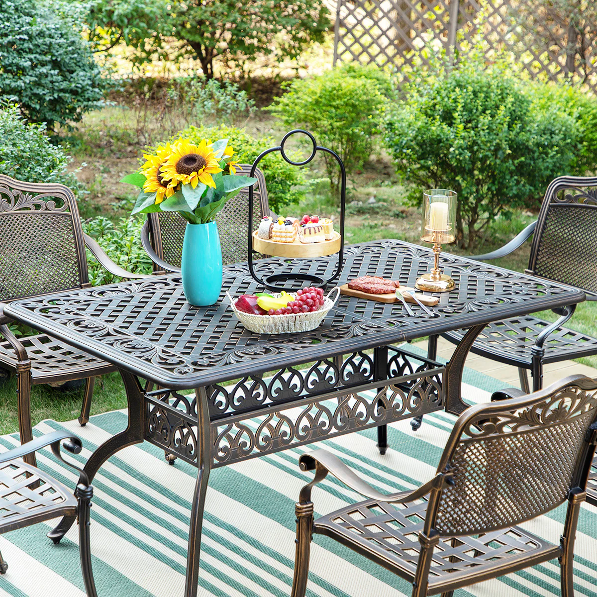 PHI VILLA 7-Piece Cast Aluminum Pattern Patio Dining Set with Bronze Coating