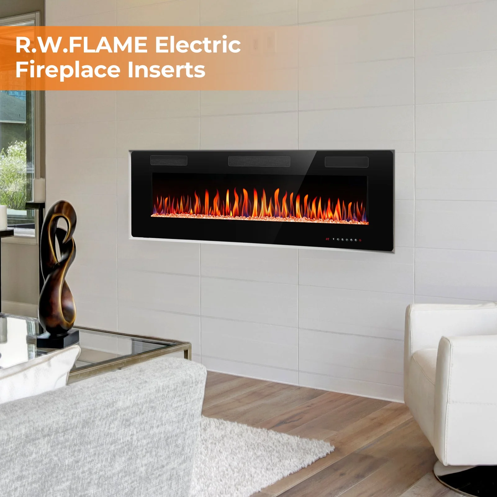 R.W.FLAME  30/36/42/50/60/68 Inch Electric Fireplace Ultra-Thin Recessed Wall Mounted with Adjustable Flame