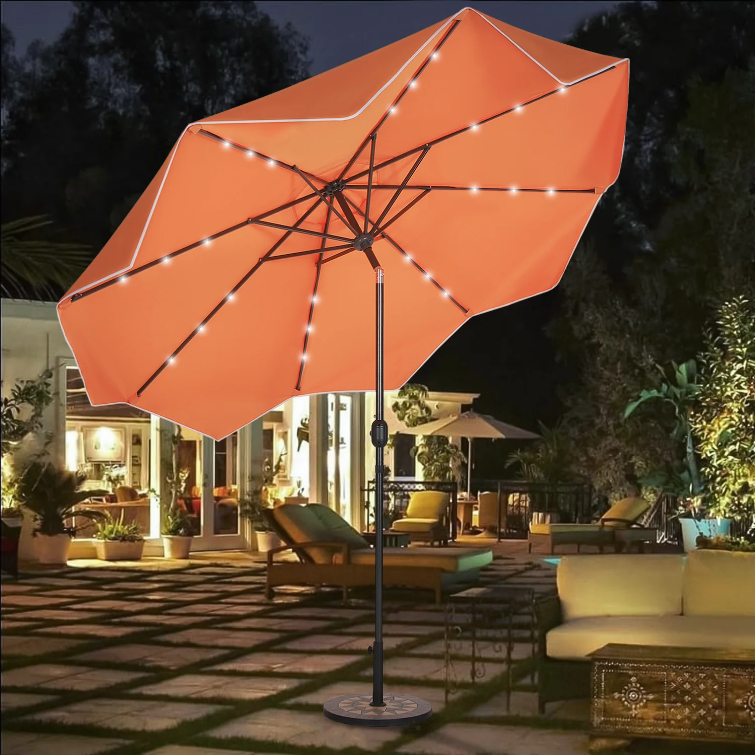 PHI VILLA 9/10ft Auto-Tilt LED Solar Lights Market Patio Umbrella with Ruffles