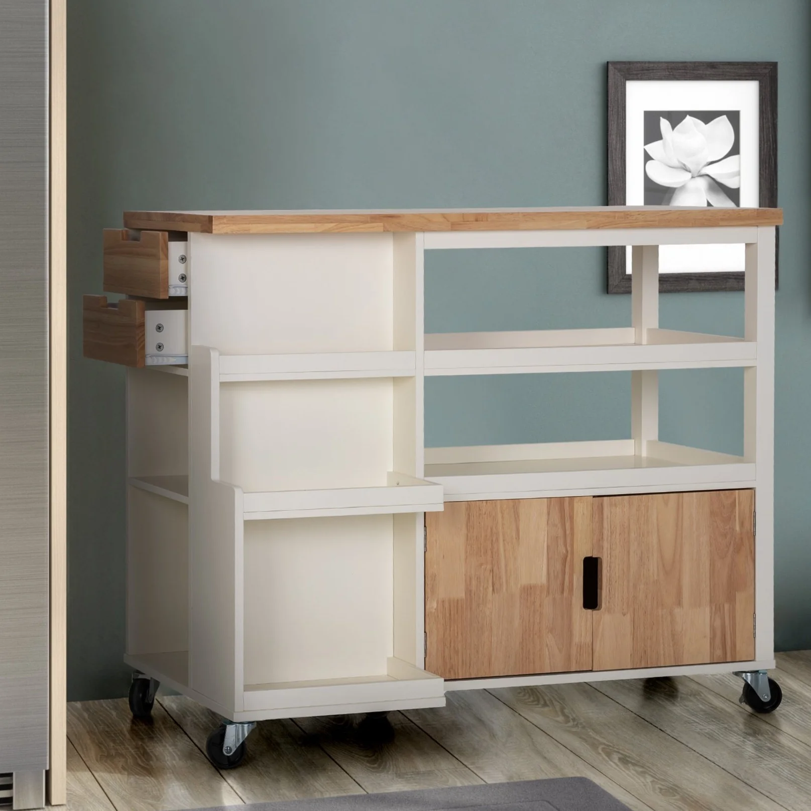 PHI VILLA Rubber Wood Tabletop Kitchen Island Cart with Side Drawers and Shelves, Warm White