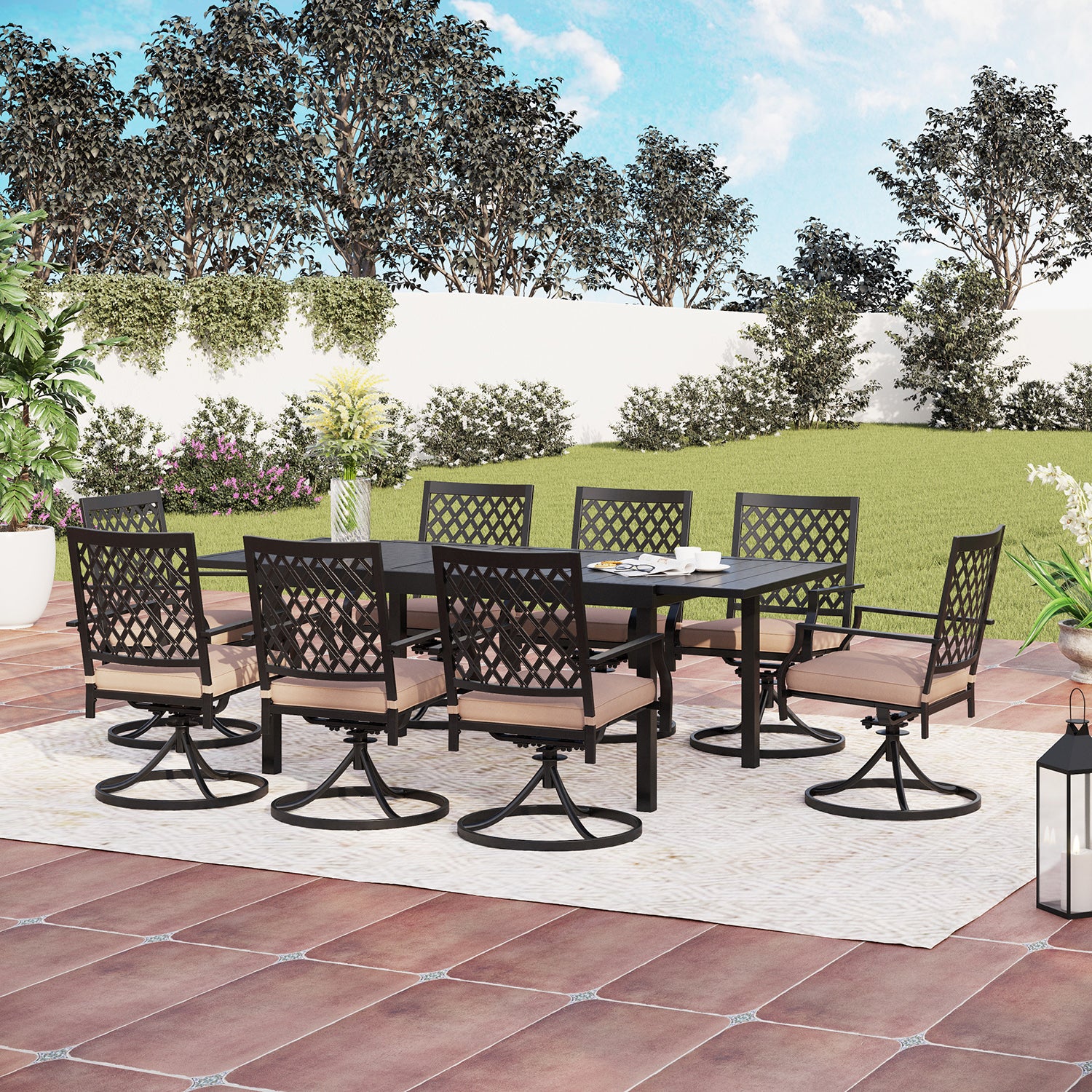 PHI VILLA Adjustable Patio Table and Cushioned Swivel Chairs Large Metal Outdoor Patio Dining Sets
