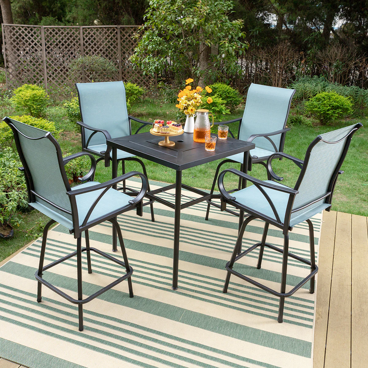 MFSTUDIO Aqua Textilene Swivel Patio Bar Stool Sets with Geometrically-stamped High Bar Table