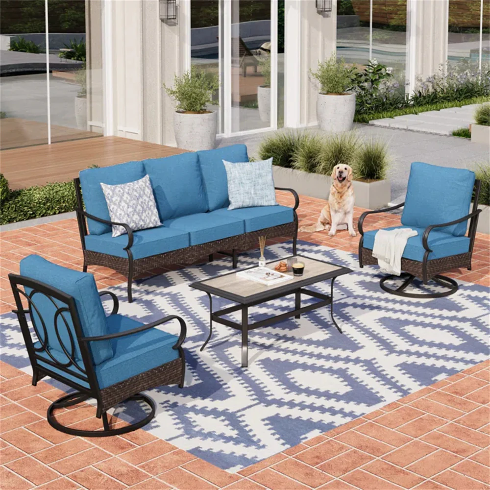 PHI VILLA 5-Seat Thick Cushion Steel-Rattan Patio Conversation Sofa Set with Coffee Table