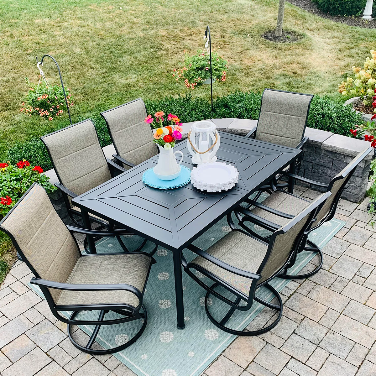 PHI VILLA 7-Piece Patio Dining Set Geometrically Stamped Rectangle Table & Textilene Swivel Chairs
