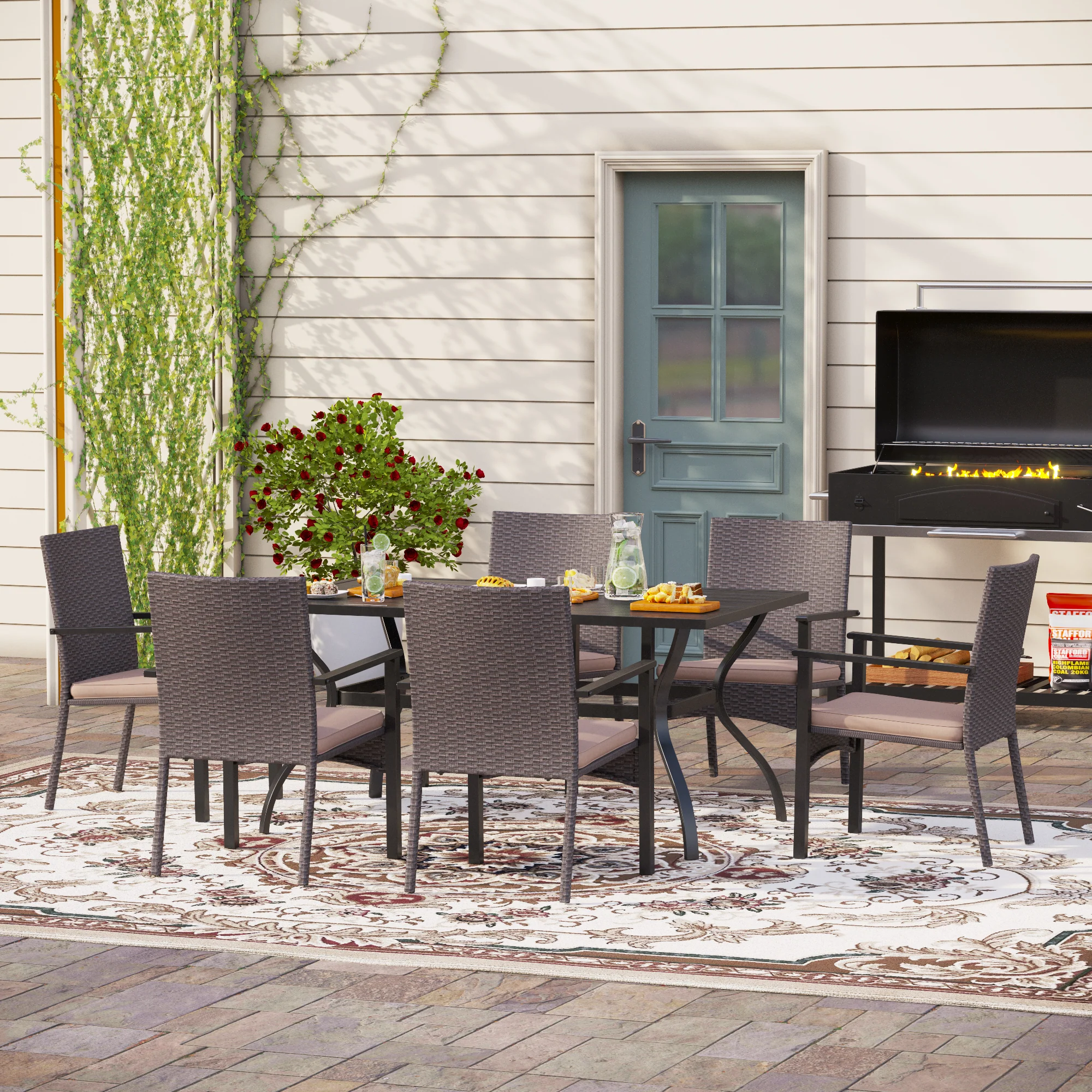MFSTUDIO 7-Piece Steel Table & Rattan Cushion Dining Chairs Outdoor Patio Dining Set