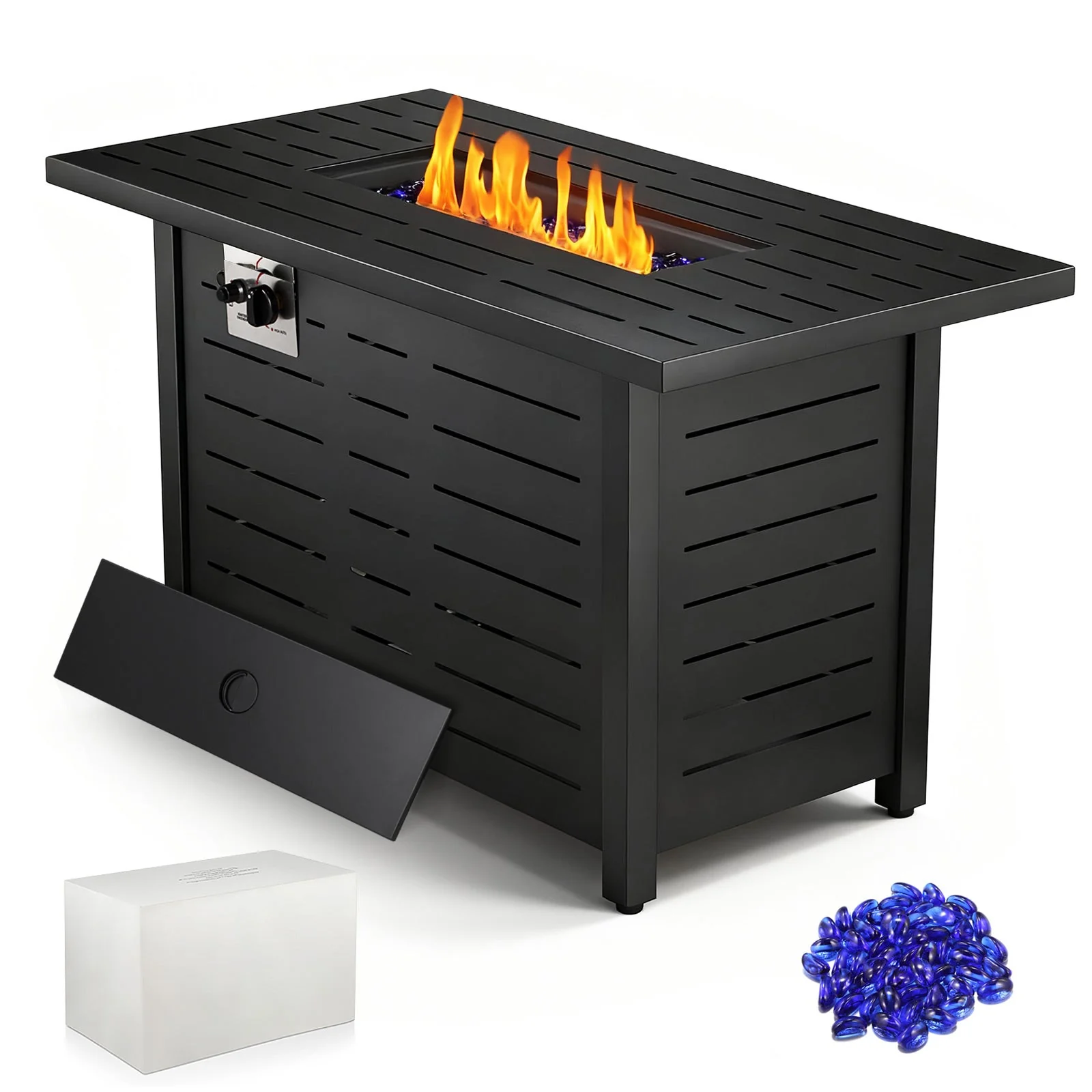 R.W.FLAME 43 Inch 50,000 BTU Square ropane Fire Pit Table with Lid and Glass Stones