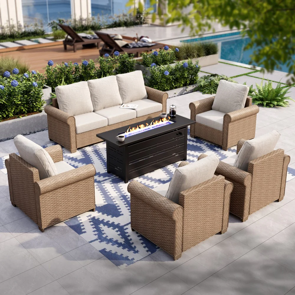 Phi Villa Luxury Wicker Patio Conversation Sofa Set with Fire Pit Table