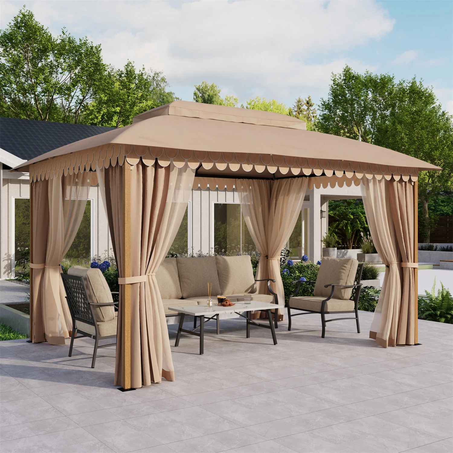 10' X 13' Patio Canopy Gazebo for Outdoor Relaxation with Netting & Curtain - Phi Villa