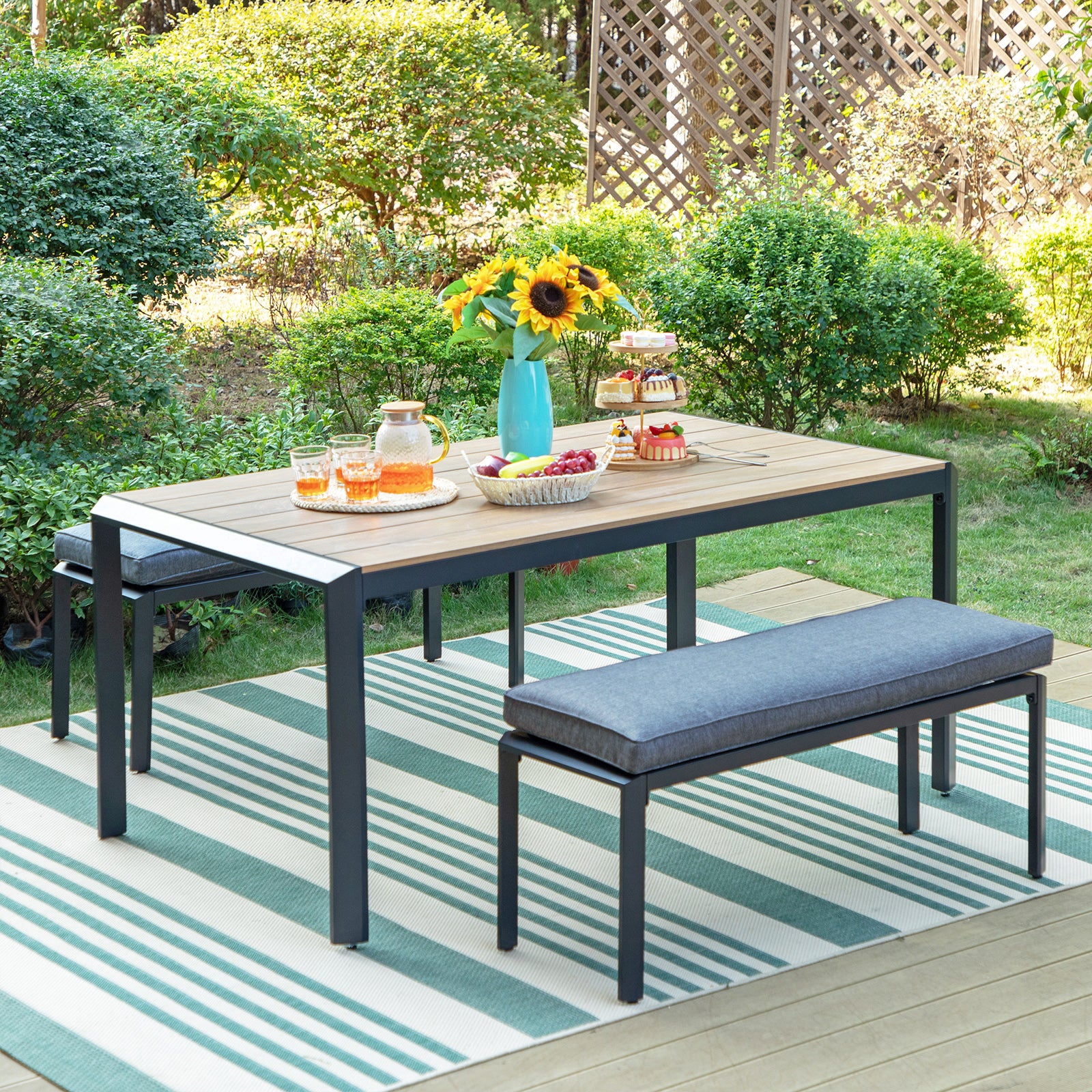 PHI VILLA 3-Piece Aluminum Wood-like Table & 2 Cushioned Benches Outdoor Dining Set