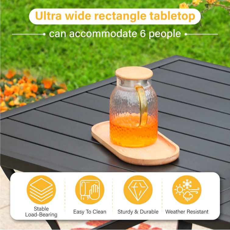 PHI VILLA Rectangle Steel Table and Swivel Chairs 7-Piece Patio Dining Sets