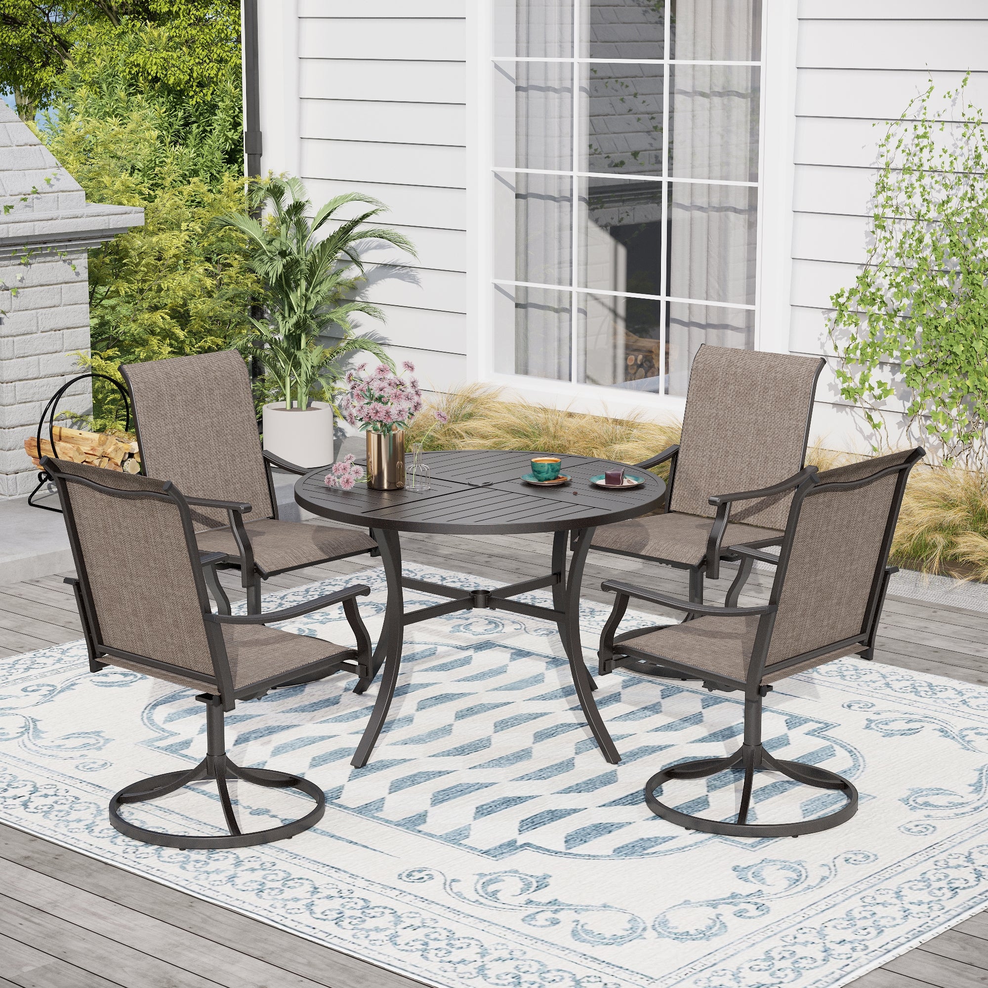 PHI VILLA 5-Piece Patio Dining Set Ergo Sling Swivel Chairs & Geometrically Stamped Round Table