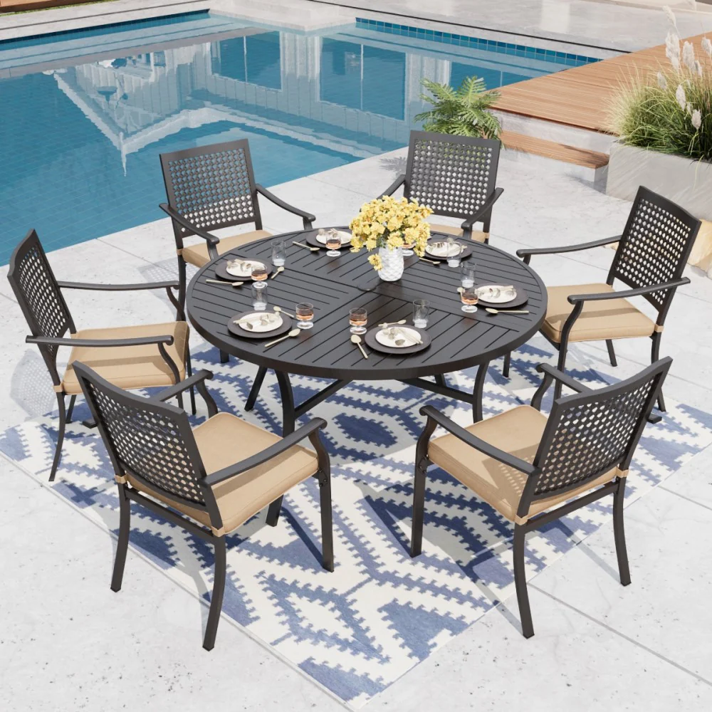 MFSTUDIO 7-Piece Patio Dining Set Round Table & Bullseye Patterned Steel Chairs