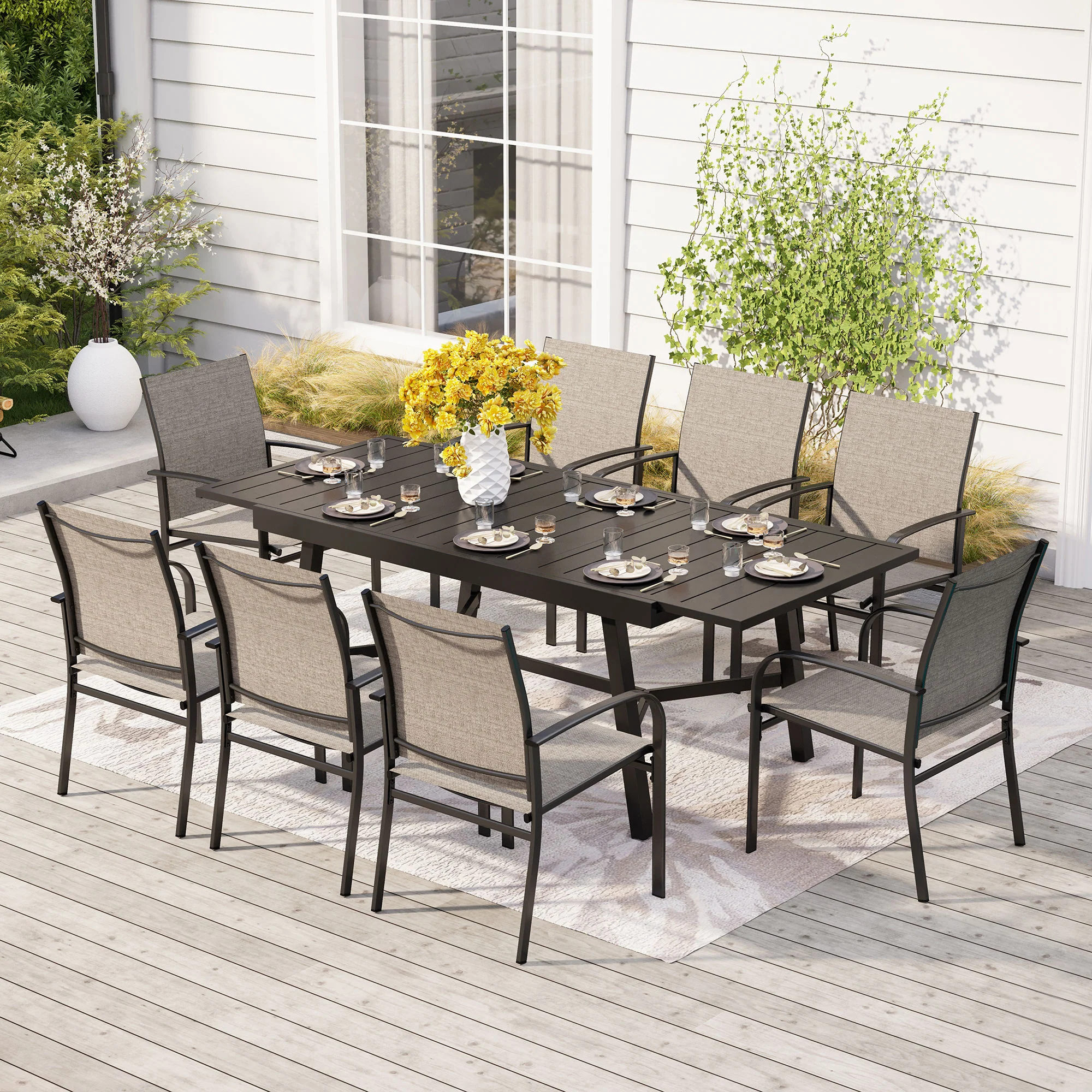 Sophia & William 9-Piece Patio Dining Set Reinforced Extendable Table & Textilene Fixed Chairs