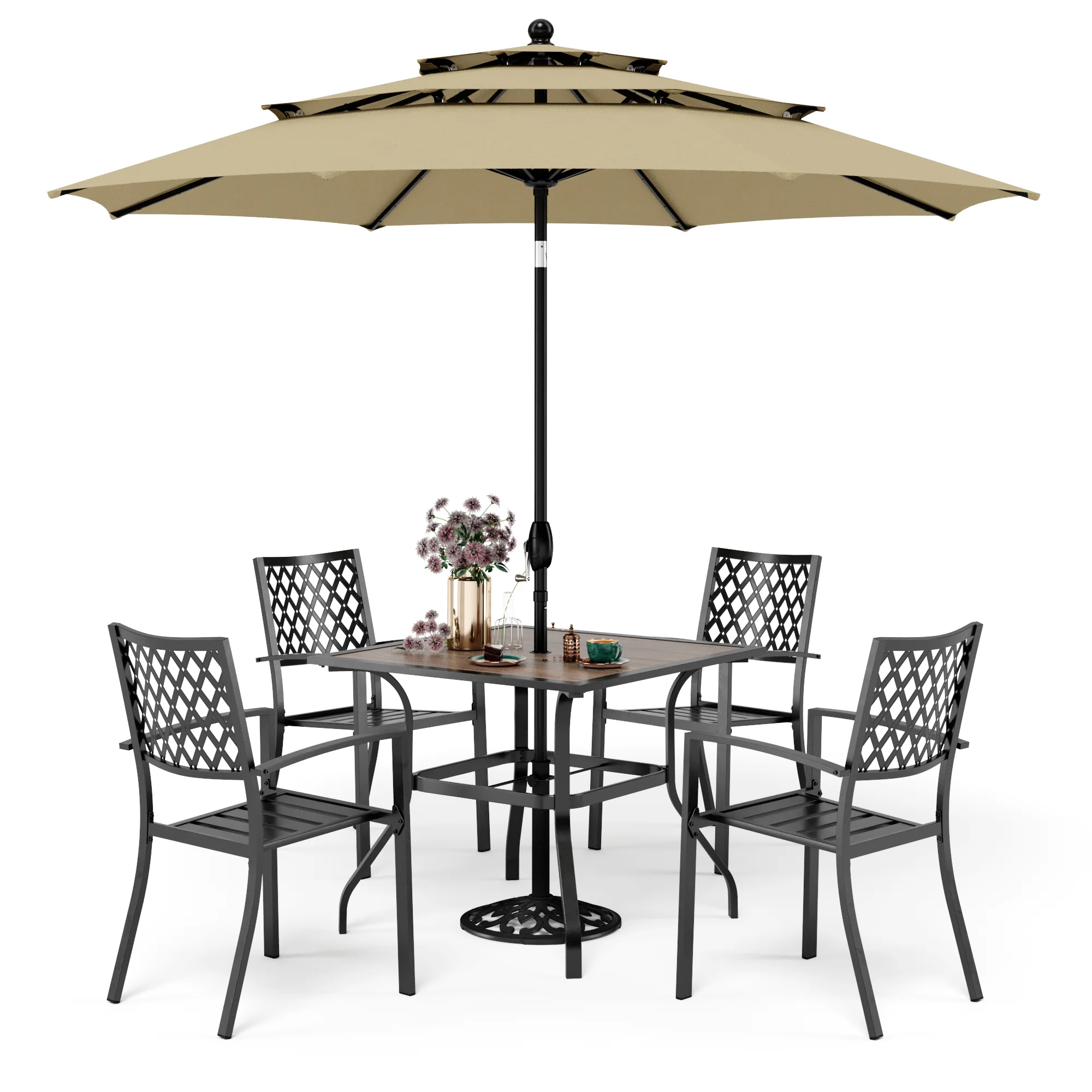 PHI VILLA 6-Piece Outdoor Dining Set with Umbrella Wood-look Table & 4 Patterned Stackable Chairs