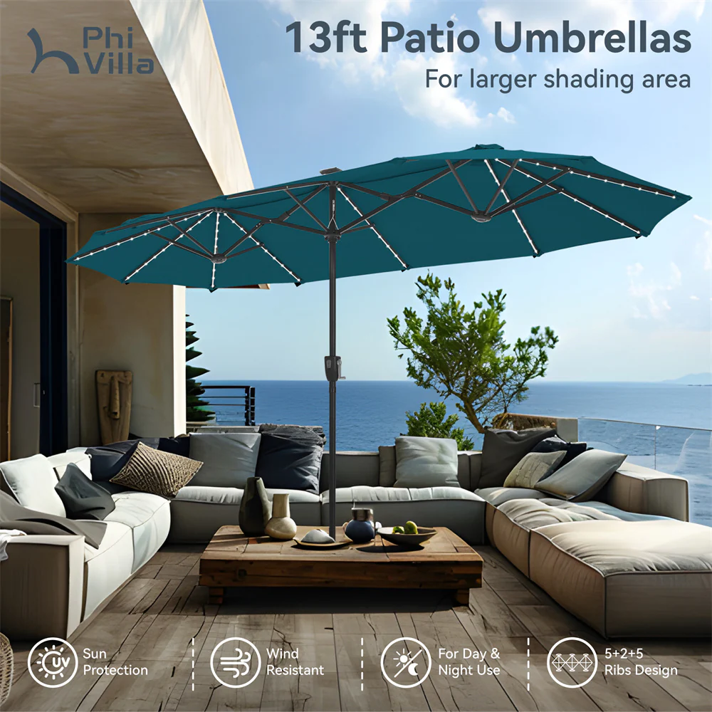 PHI VILLA 13ft Large Double-Sided Patio Umbrella with Solar Powered LED Lights