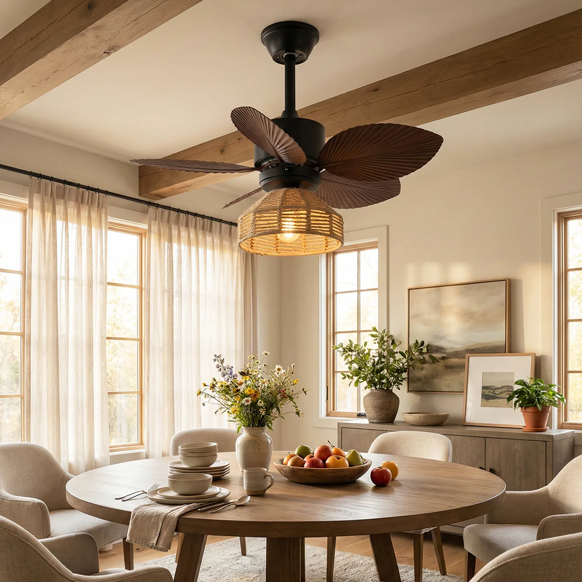 Tropical Palm Leaf Hemp Rope Ceiling Fan Light