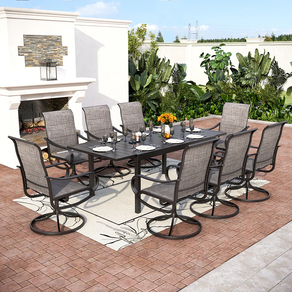 PHI VILLA 9/7-Piece Adjustable Table + Textilene Swivel Chairs Patio Dining Set