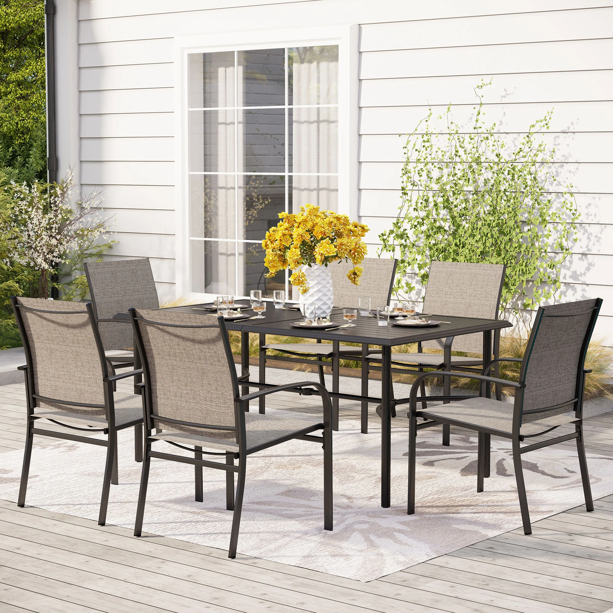 Sophia & William 7-Pcs Patio Dining Set Textilene Fixed Chairs & Steel Table