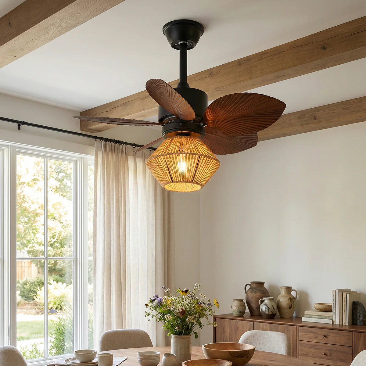 Palm Leaf Hemp Rope Ceiling Fan Light