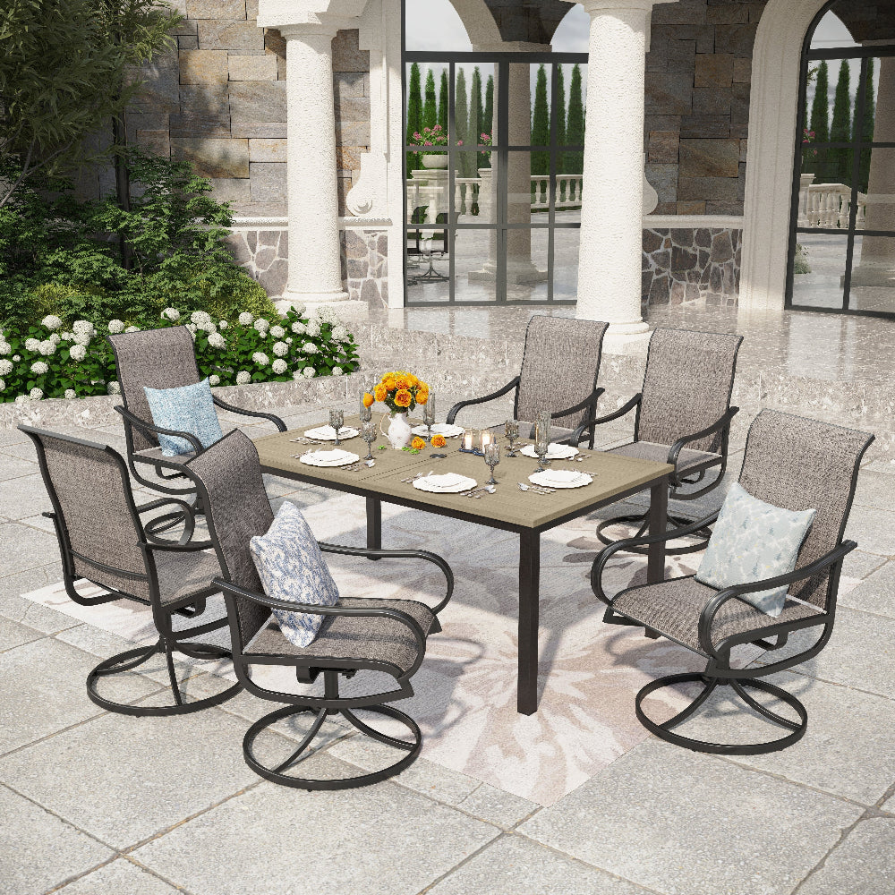 PHI VILLA 7-Piece Patio Dining Set Farmhouse Style Wood Grain Patio Dining Table & Textilene Swivel Chairs