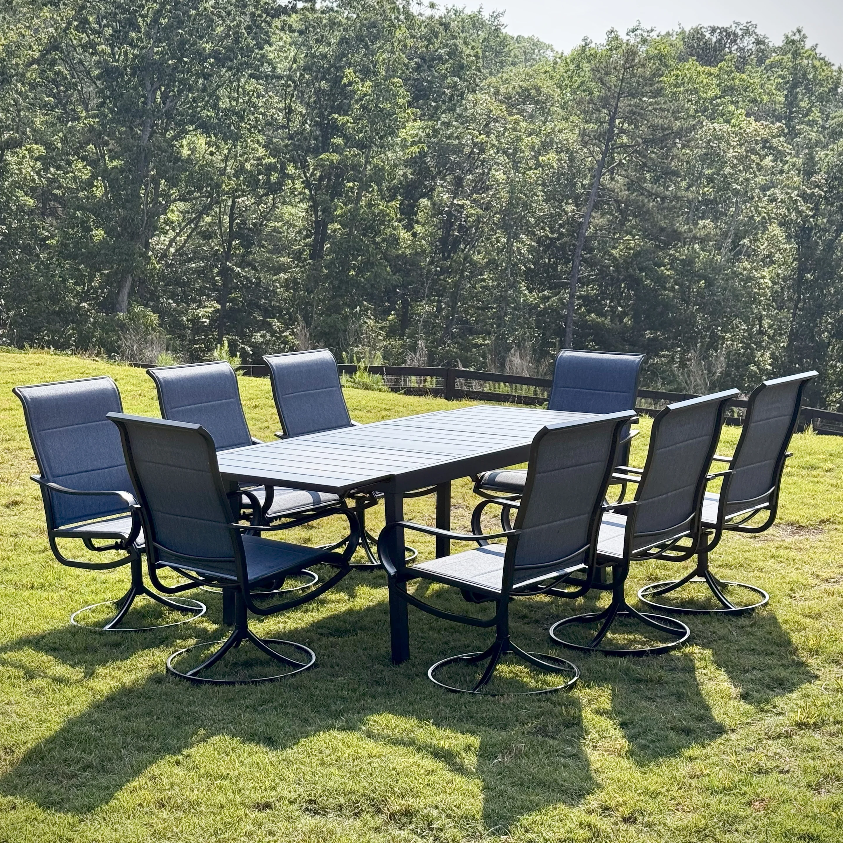 Sophia & William 9-Pcs Patio Dining Set with Expandable Table & Denim Blue Textilene Swivel Chair