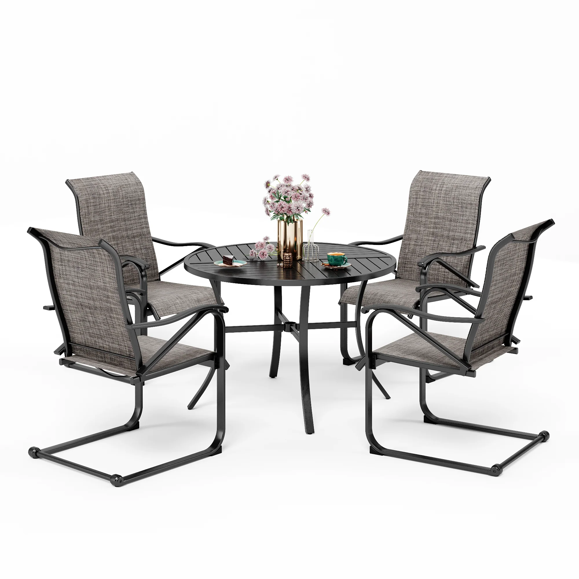 MFSTUDIO 5-Piece Patio Dining Set Textilene C-spring Chairs & Geometrically Stamped Round Table