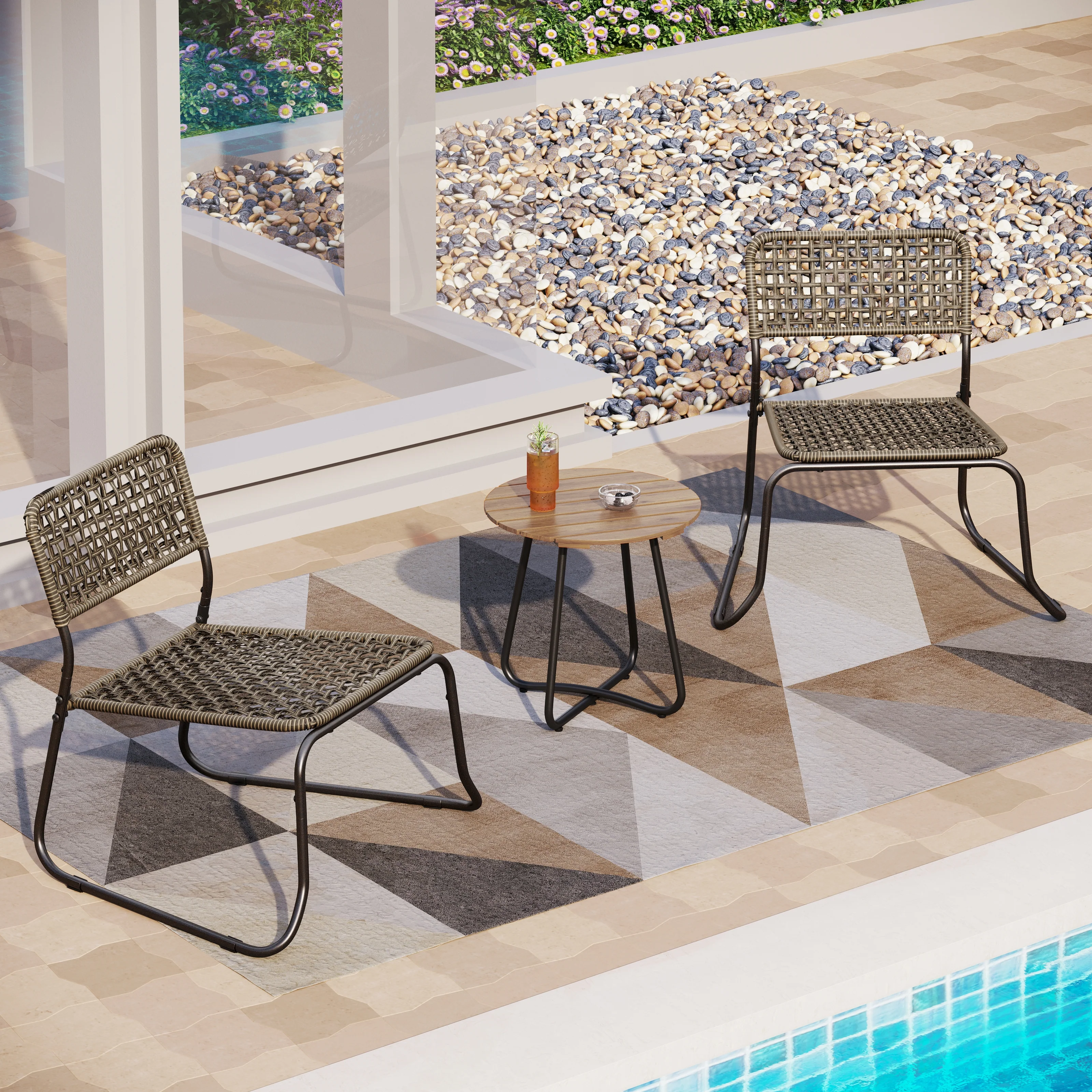 MFSTUDIO 3-Piece Stackable Outdoor Rattan Patio Bistro Set with Solid Acacia Table