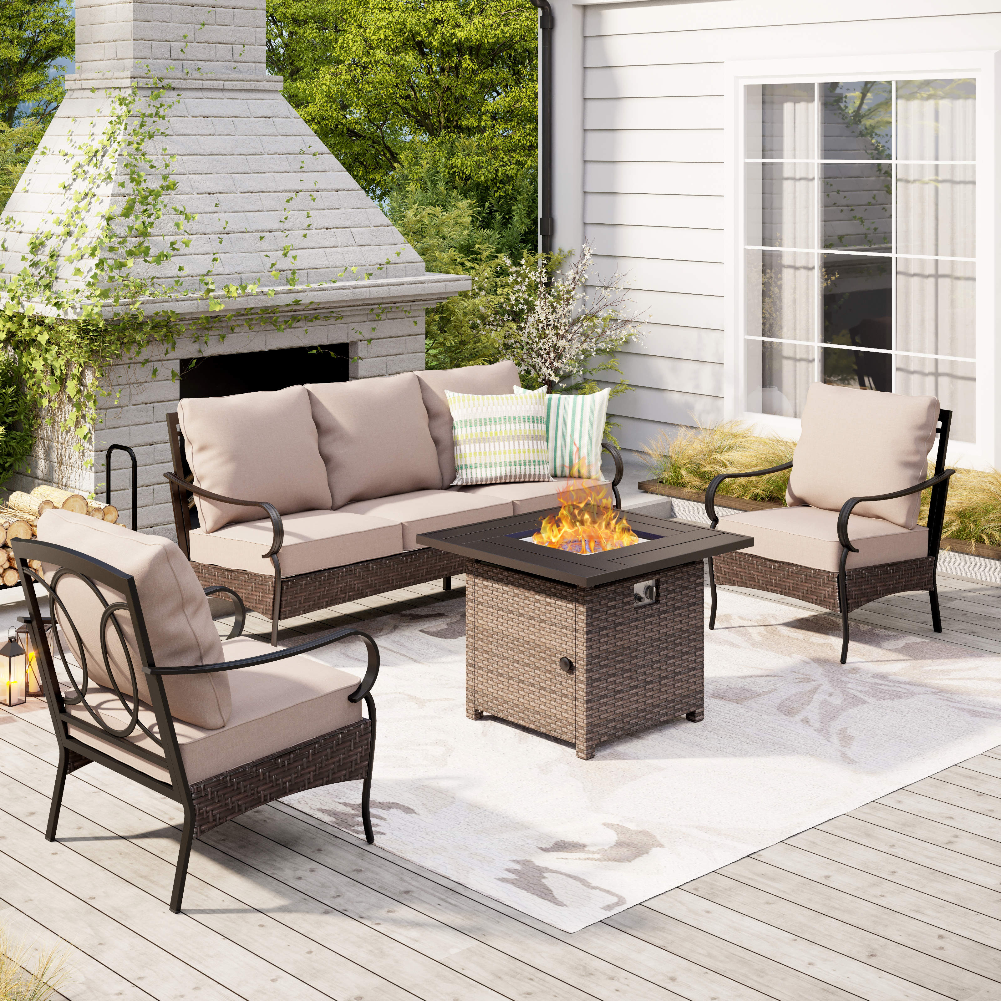 PHI VILLA 5-Seat Rattan-steel Luxury Padded Patio Conversation Set with Fire Pit Table