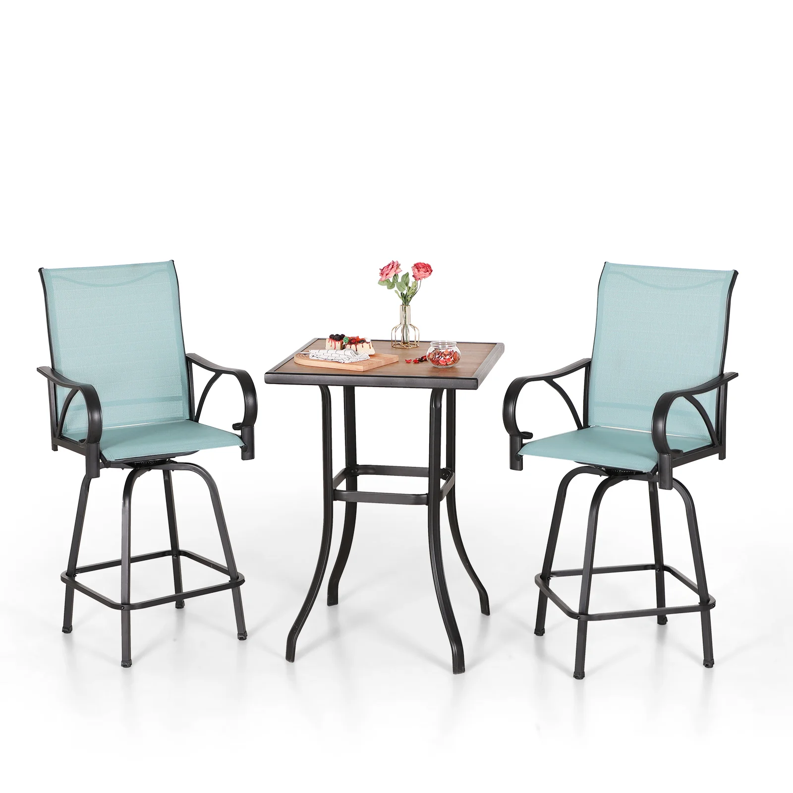 MFSTUDIO Aqua Textilene Swivel Patio Bar Stool Sets with Wood-look High Bar Table