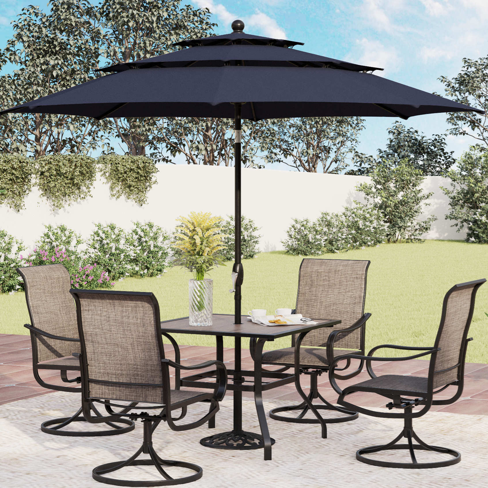 PHI VILLA 6-Piece Patio Dining Set with Umbrella Wood-look Table & Textilene Swivel Chairs