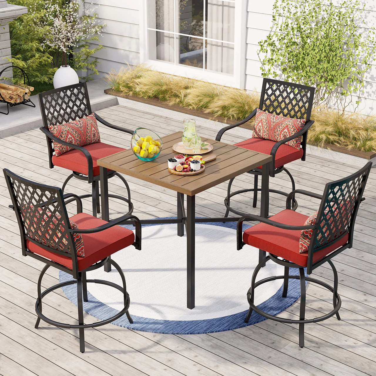 PHI VILLA 5-Piece Patio Bar Stool Set Teak-grain High Table & Exra-wide Steel Bar Stools