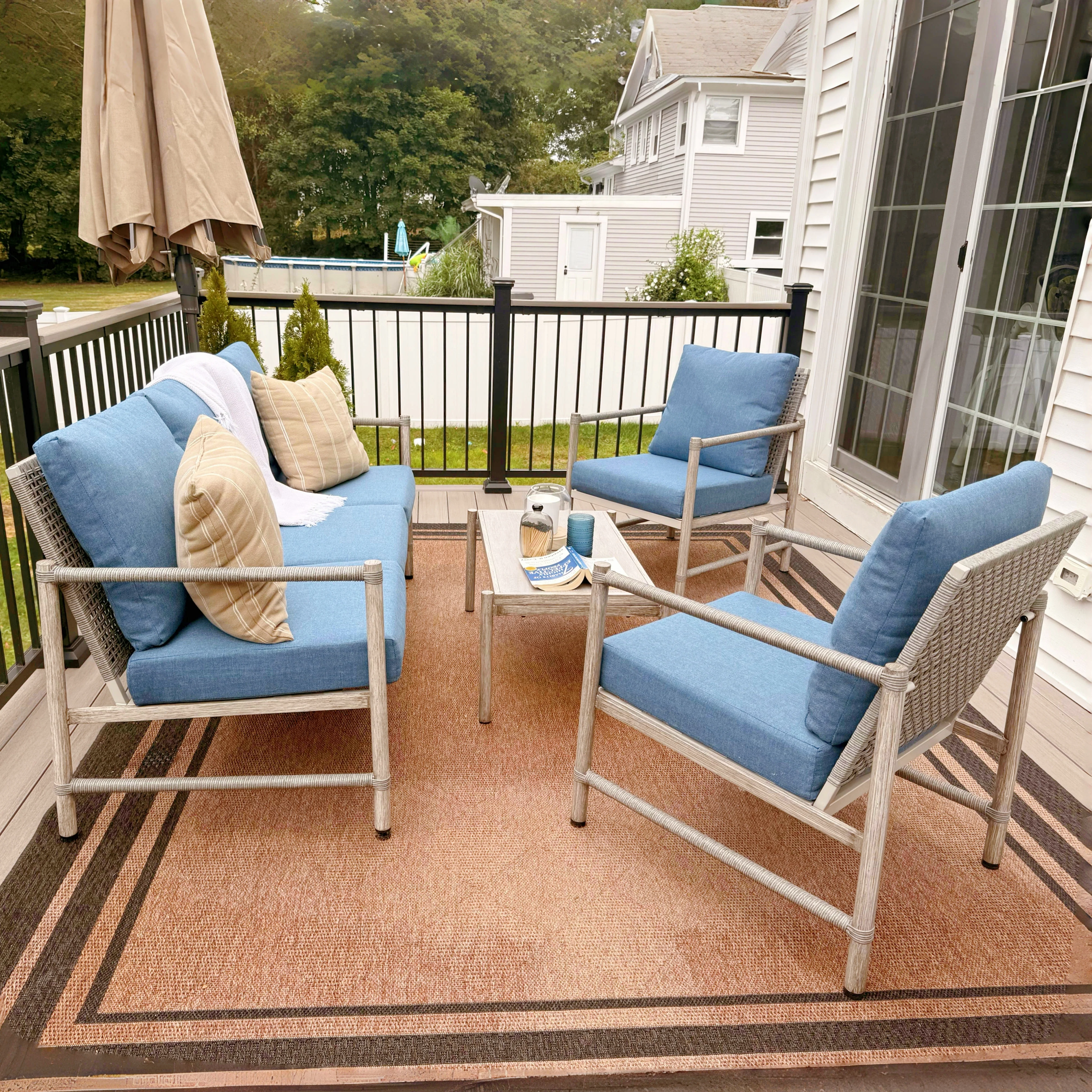 PHI VILLA 5/7-Seat Outdoor Steel and Rattan Sofa with Wood Grain Coffee Table