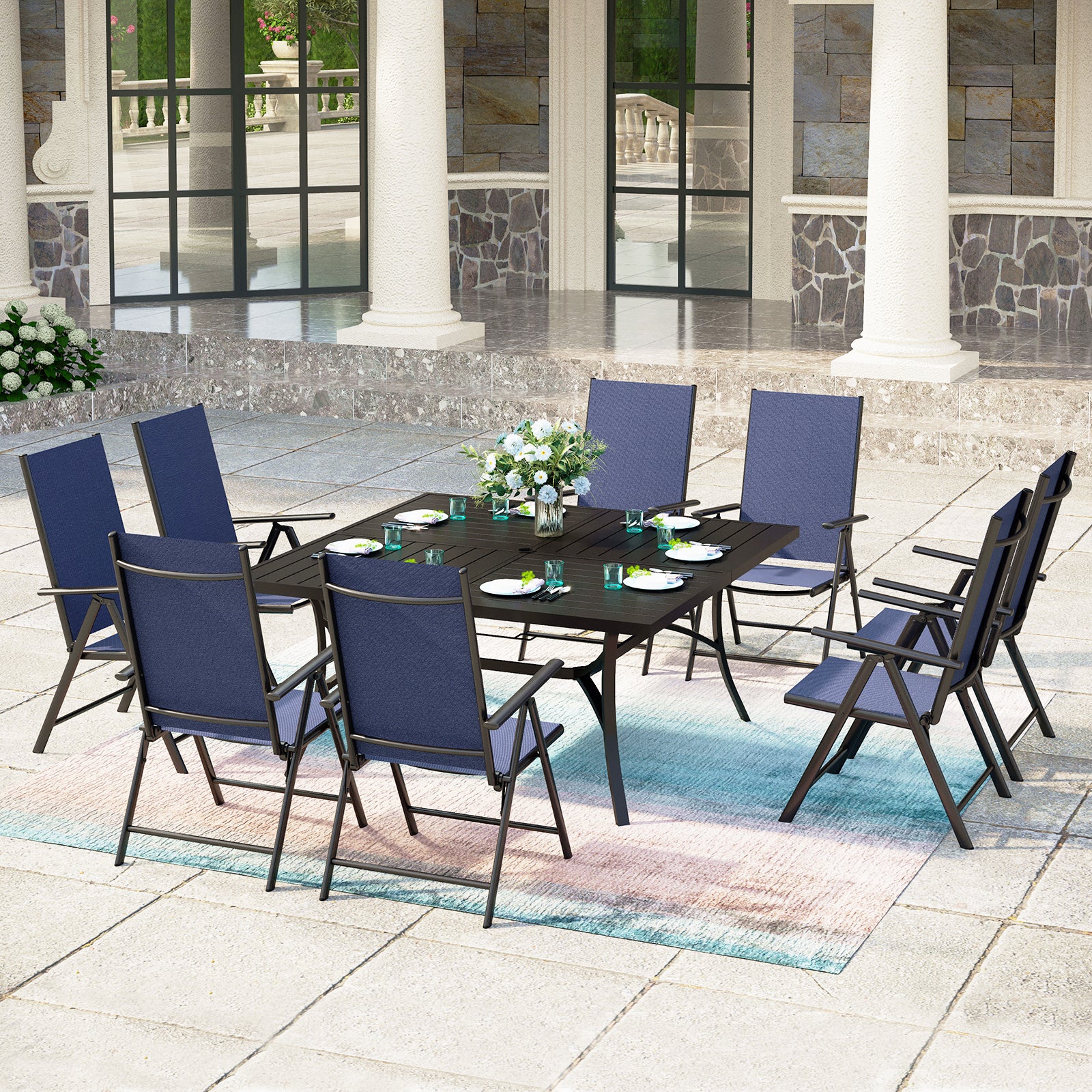 Phi Villa 9-Piece Patio Dining Sets Large Square Table & Textilene Foldable Chair