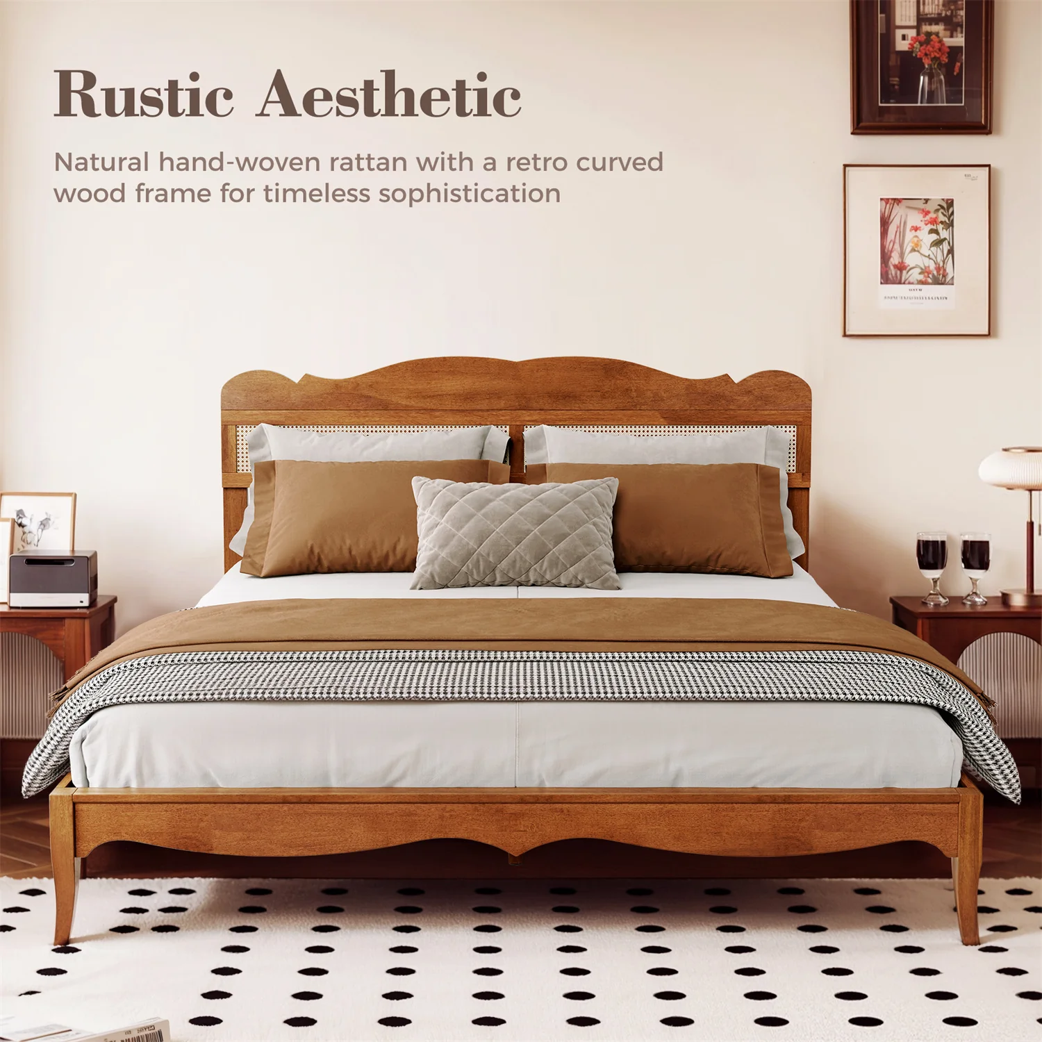 Classic Wooden Bed Frame with Rattan Headboard - Sophia & William