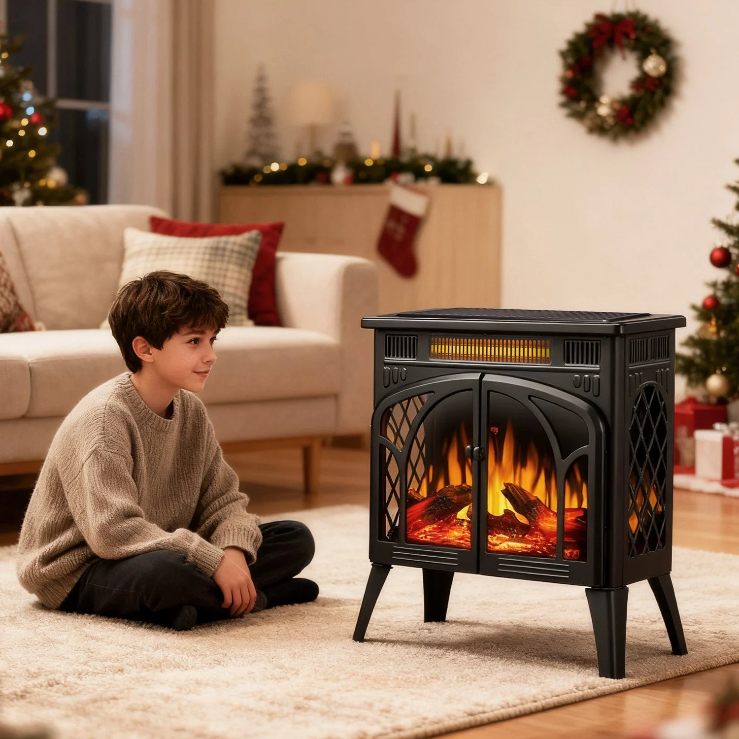 R.W.FLAME 24 Inch Freestanding Electric Fireplace Stove with Controllable 3D Flame, 4 Variable Flame and Log Colors