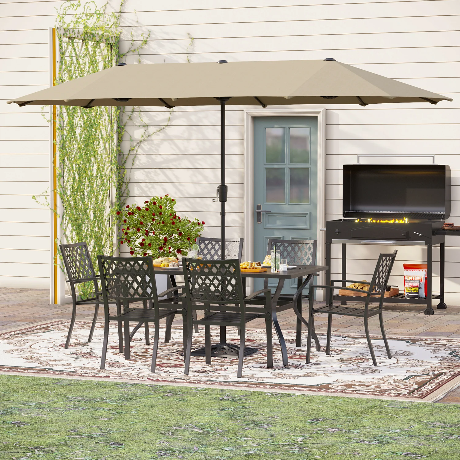 PHI VILLA 8-Piece Outdoor Dining Set with 13ft Umbrella Steel Rectangle Table & 6 Stackable Chairs