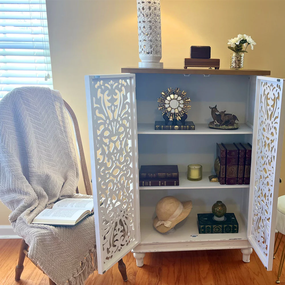 Tall Accent Storage Cabinet with Decorative Carved Design-MFSTUDIO