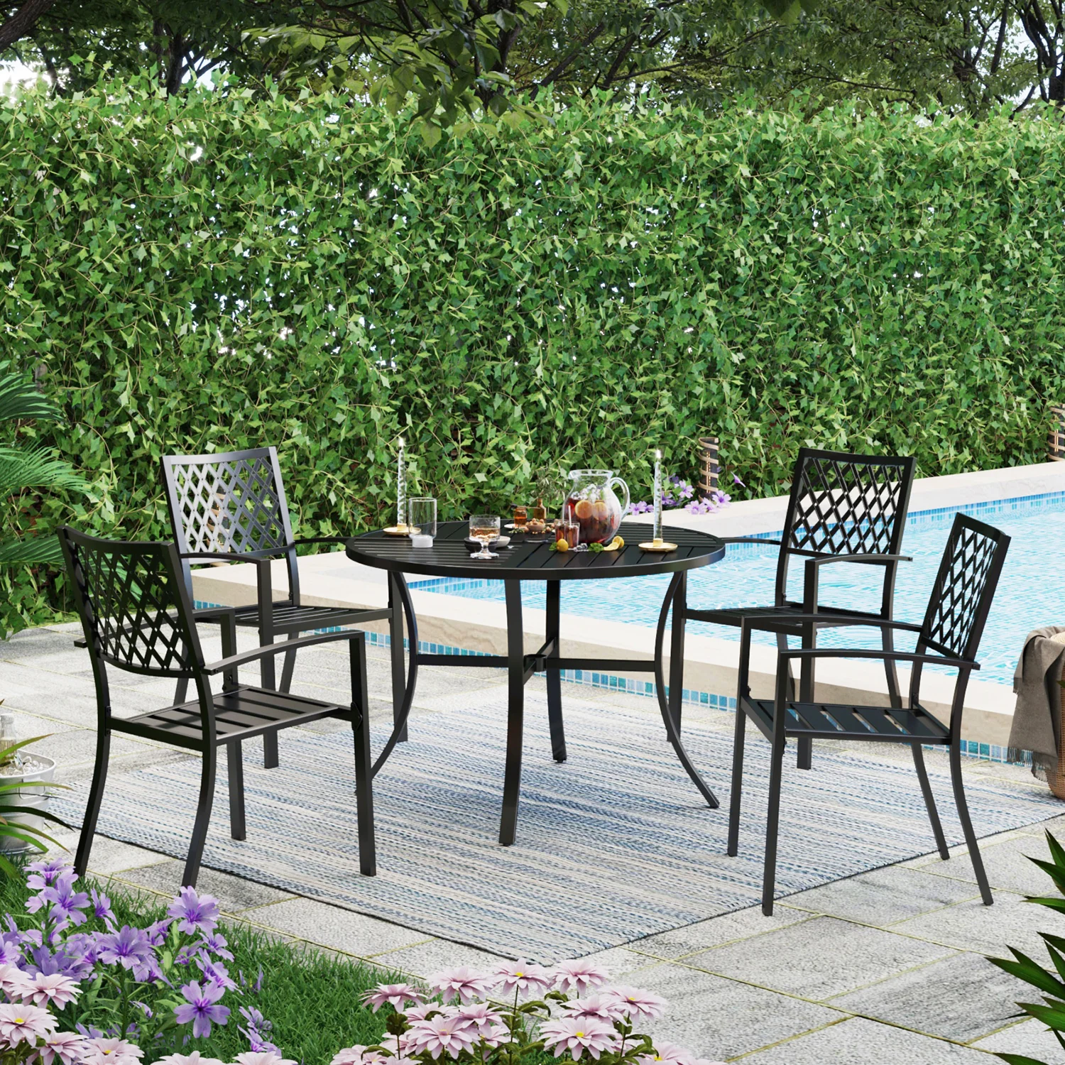 PHI VILLA 5-Piece Geometrically Stamped Round Table & Stackable Dining Chairs Outdoor Dining Set