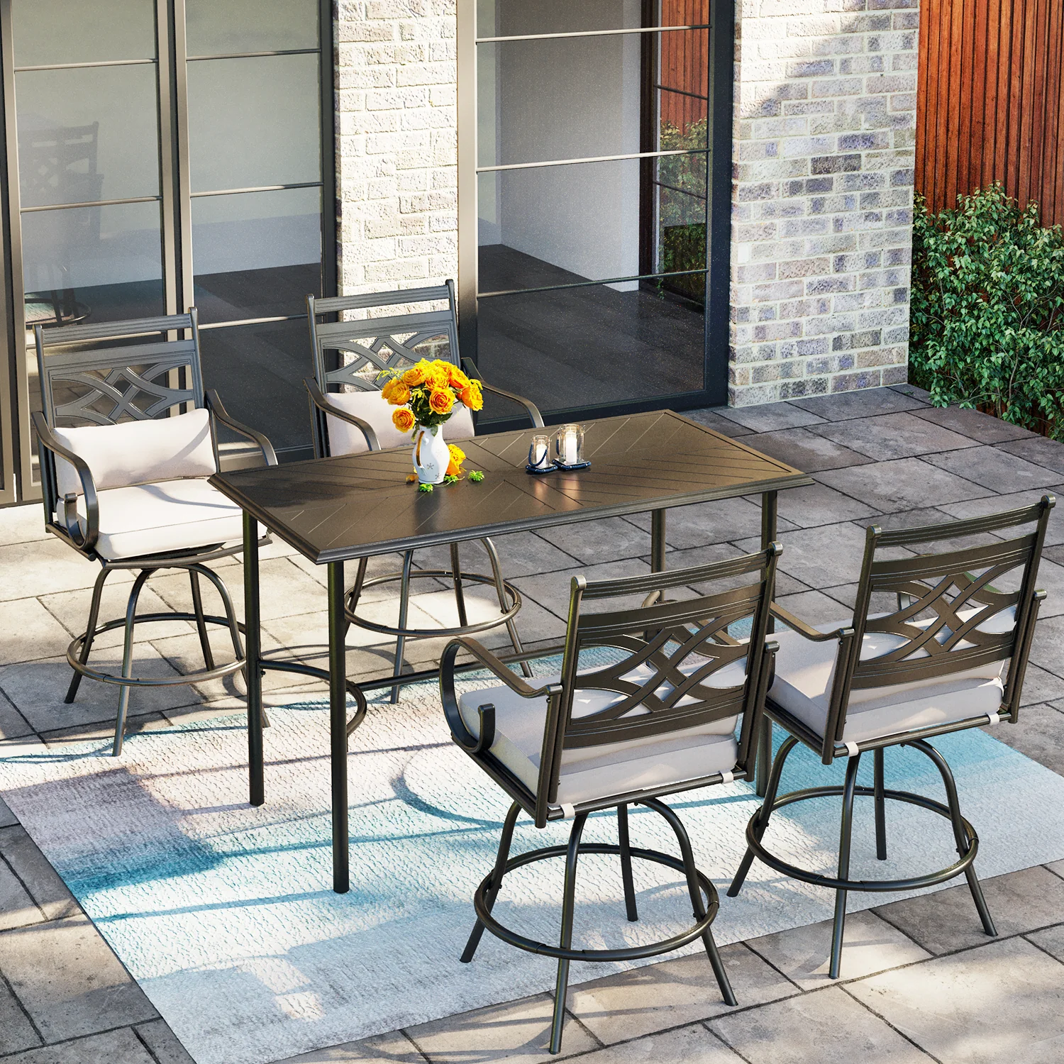 PHI VILLA 5-Piece Patio Bar Stool Set Embossed/Wood-like Table & Cast-iron Pattern Bar Stools