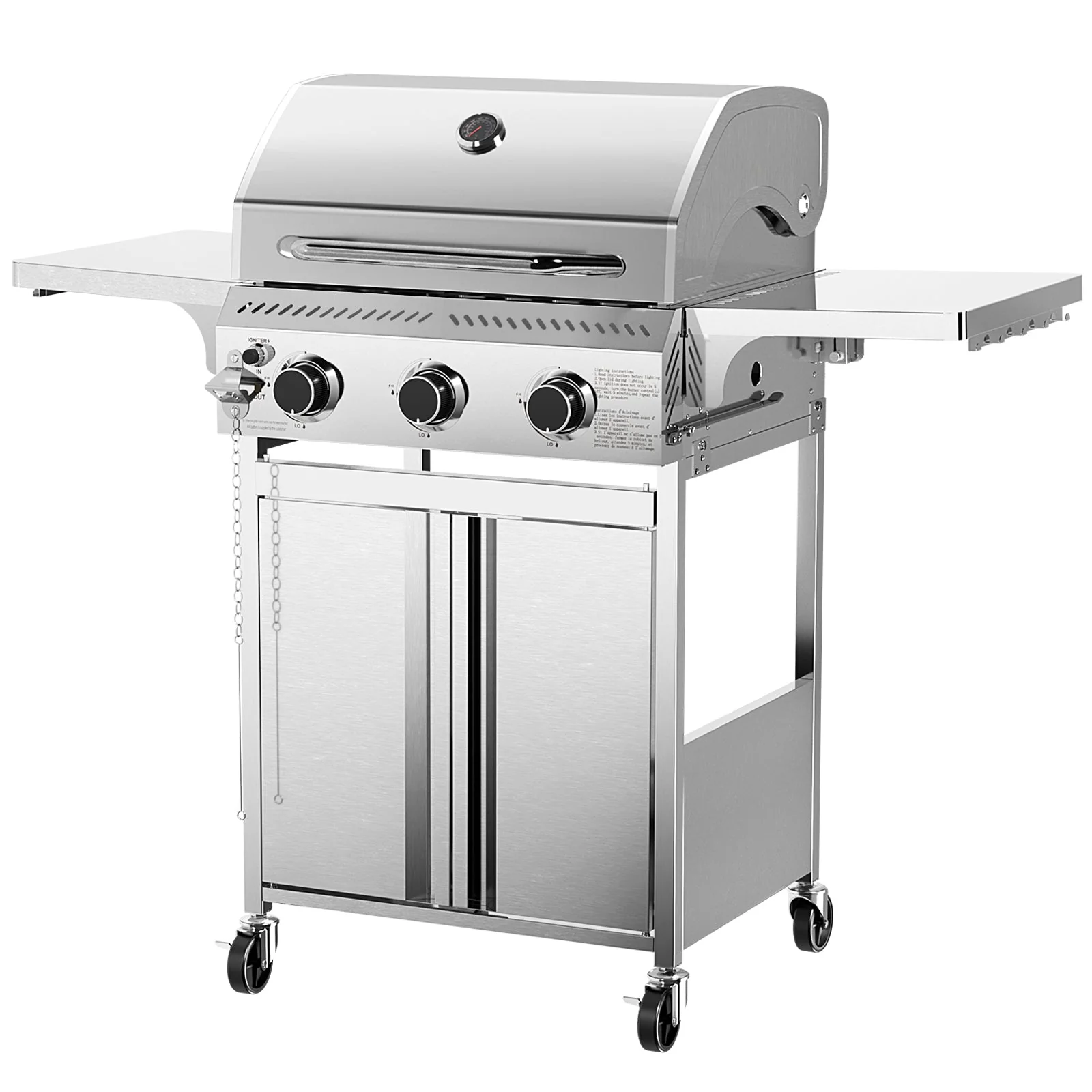 R.W.FLAME 3-Burner 24,000 BTU Stainless Steel Gas Grill with Folding Side Tables for Barbecue Camping