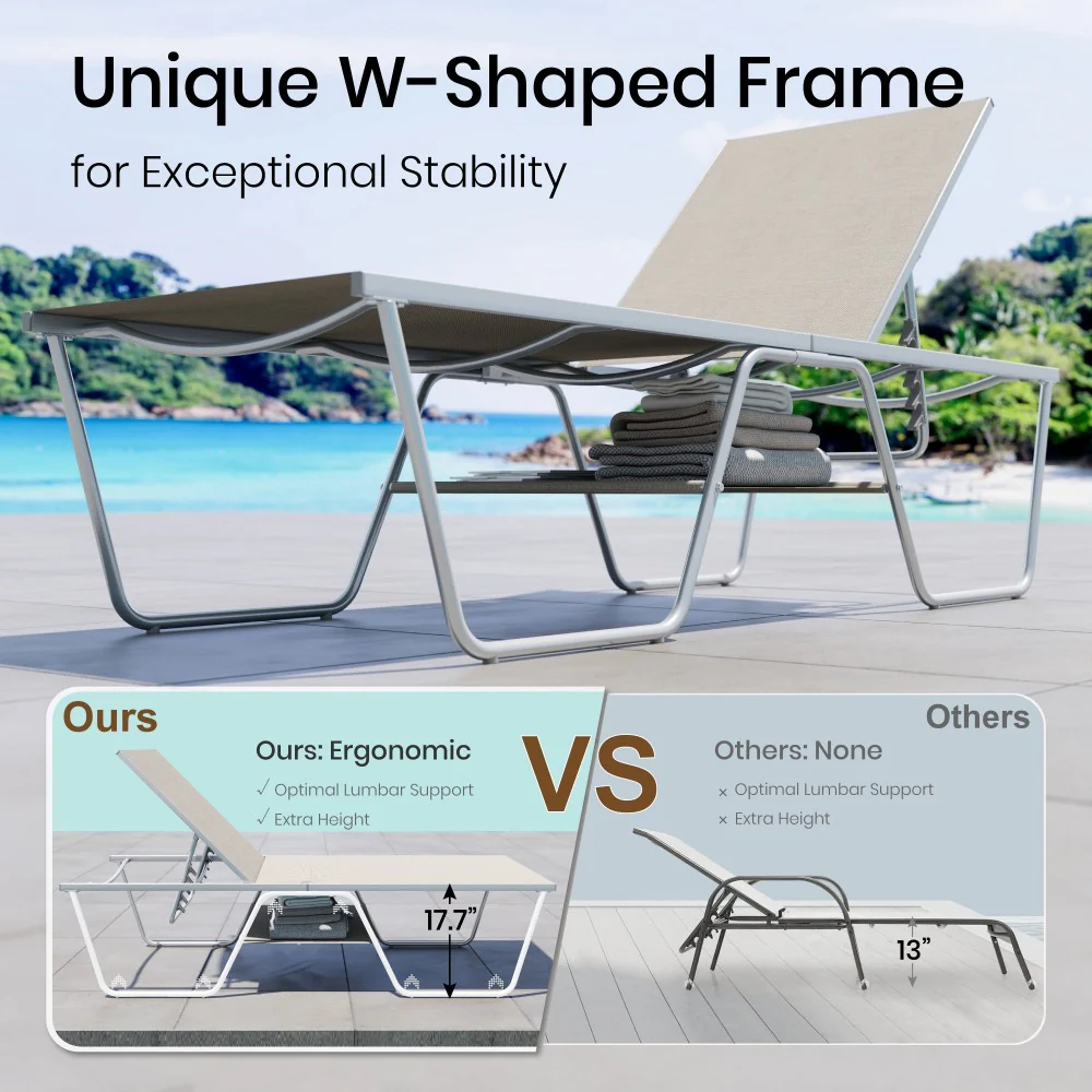 PHI VILLA Extra Large W-Shaped Outdoor Chaise Lounge with Under Storage