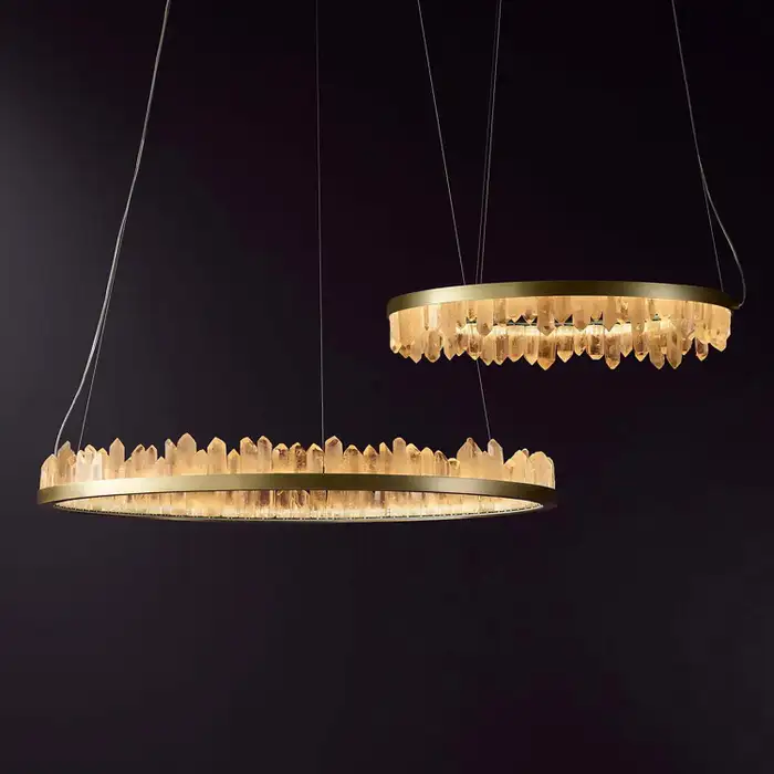 Brass & Black Modern Chandelier Featuring Natural Quartz Rings