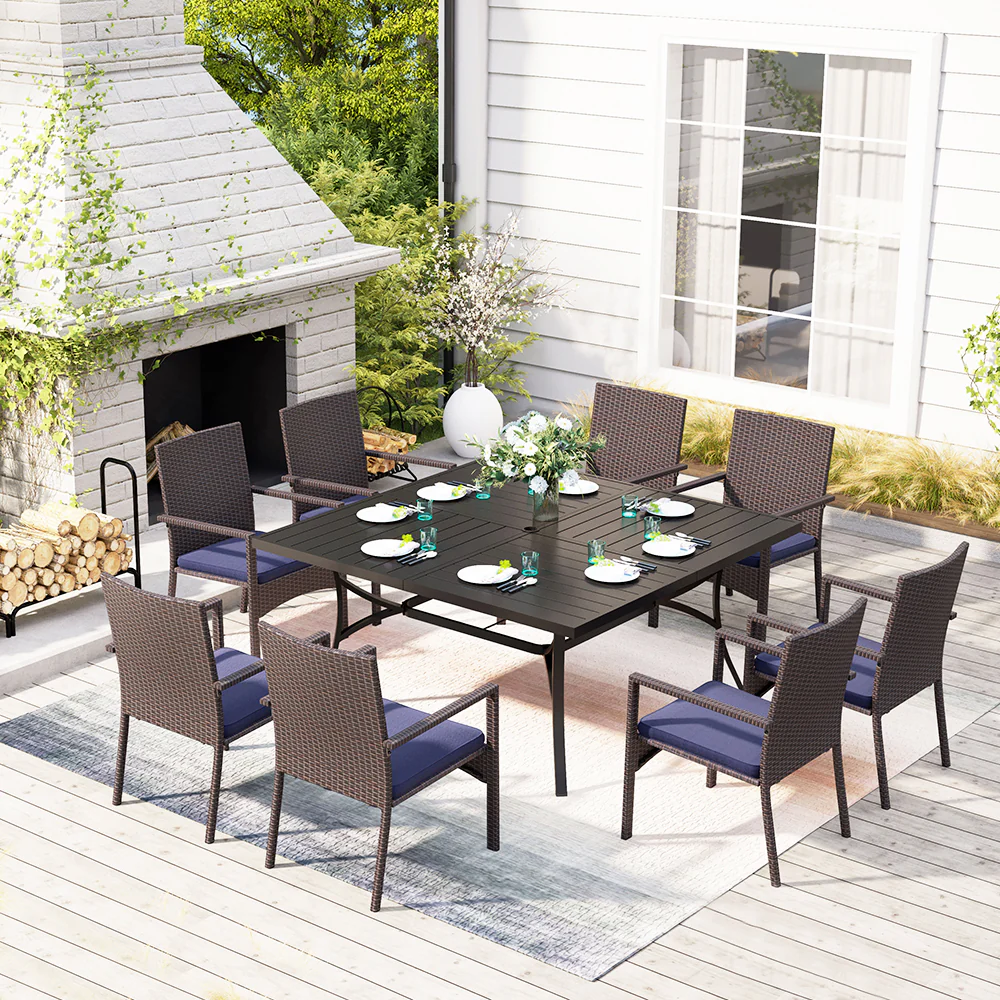 MFSTUDIO 9-Piece Patio Dining Set Extra Large Square Table & Cushioned Rattan Fixed Chairs