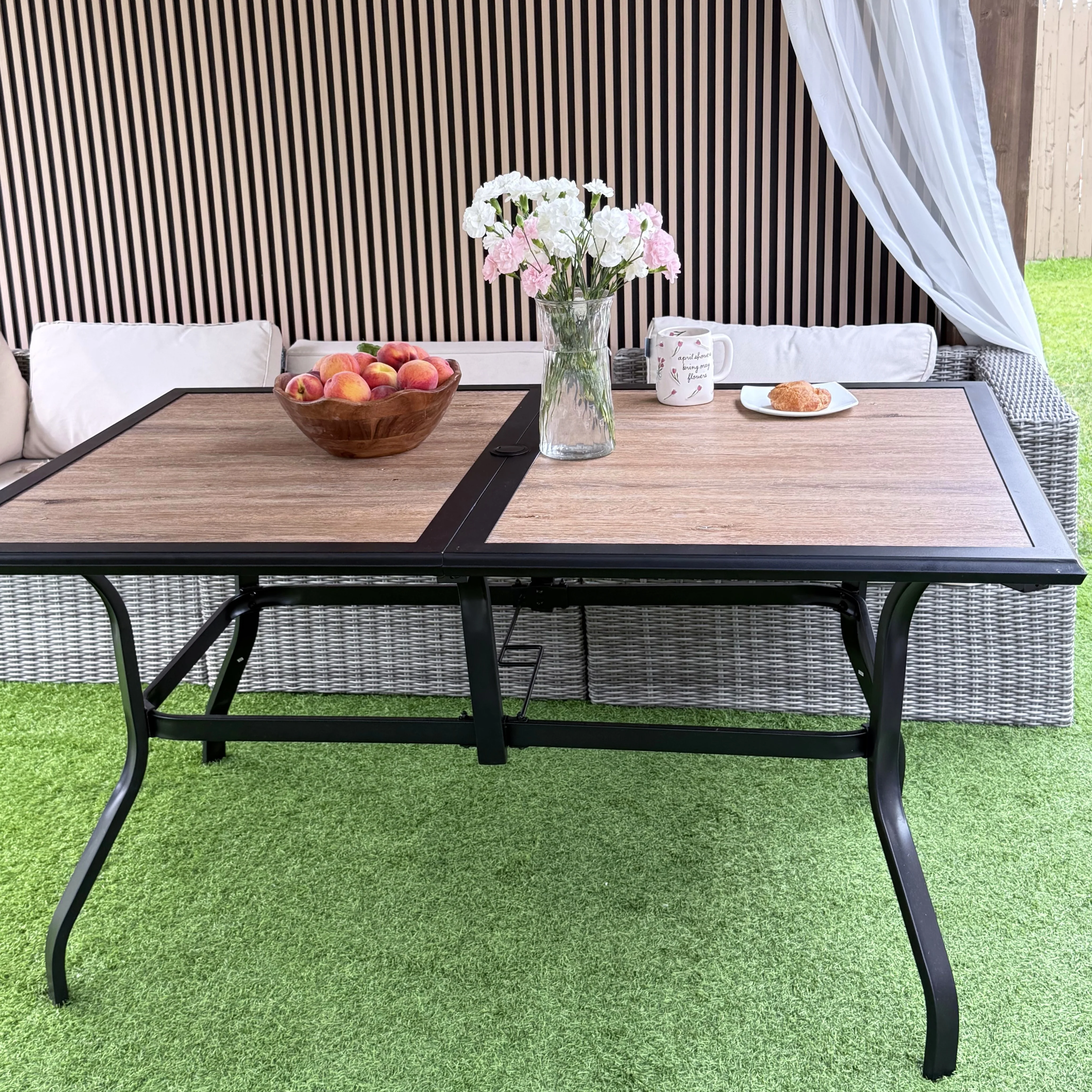 PHI VILLA Wood-look PVC Rectangle Steel Patio Dining Table