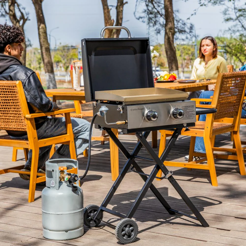 Captiva Designs 2-in-1 Portable Gas Griddle with Foldable Cart for Camping & Backyard, 20,000 BTU