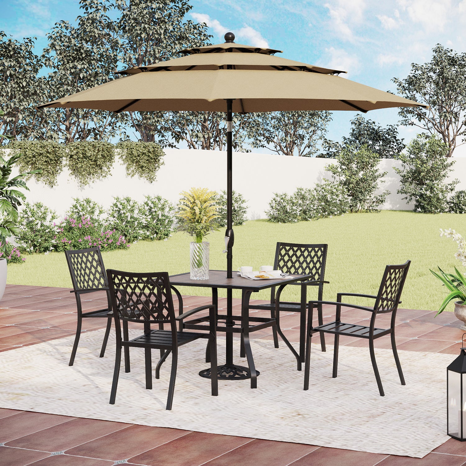 PHI VILLA 6-Piece Outdoor Dining Set with Umbrella Wood-look Table & 4 Patterned Stackable Chairs