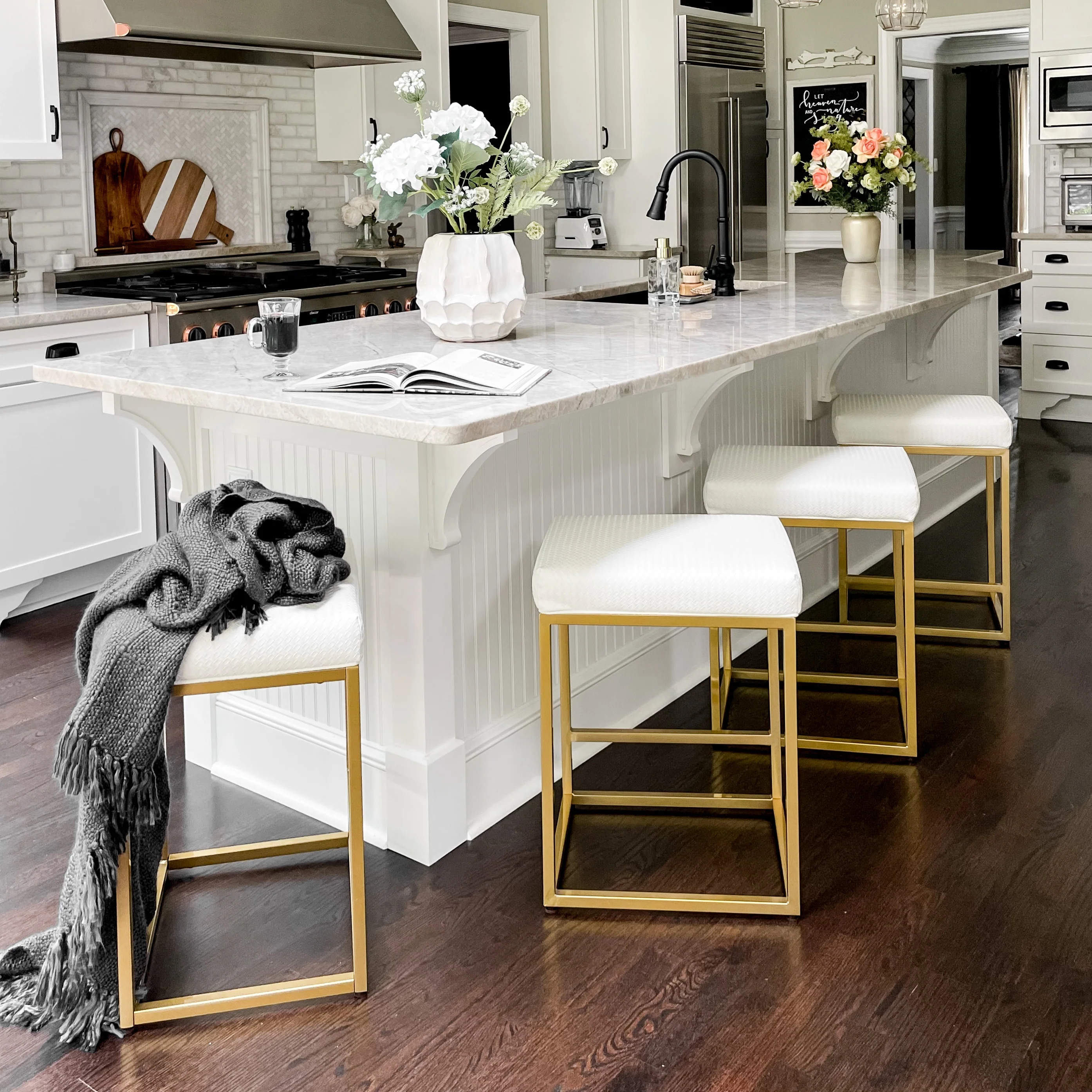 PHI VILLA 24 Inch Backless Counter Height Bar Stool White PU Leather Seat with Metal Frame